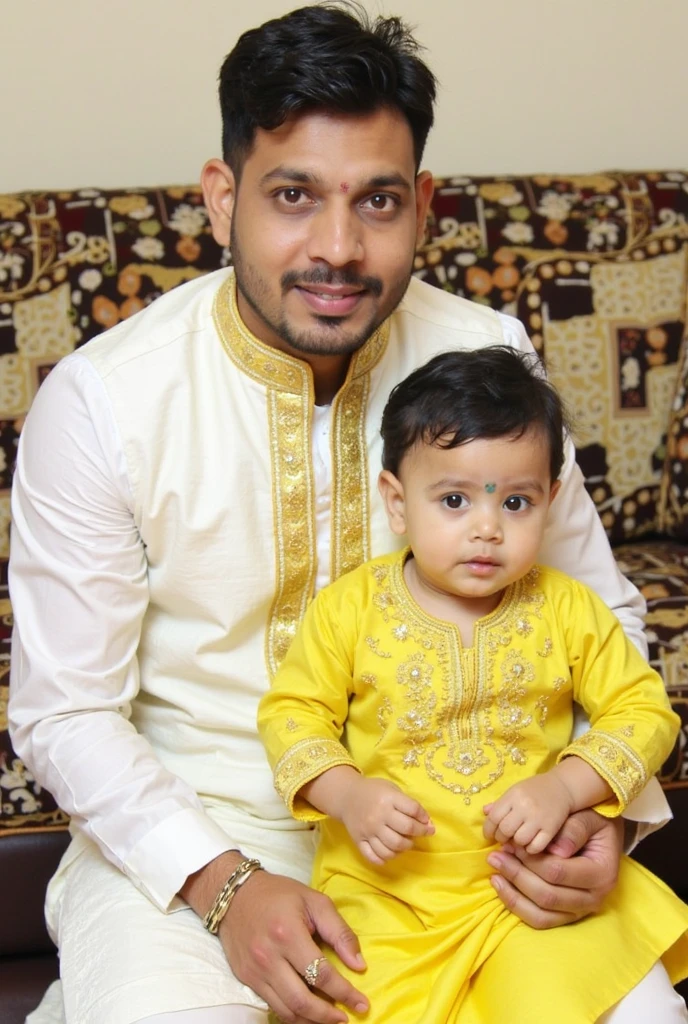 A old man wearing white dhoti kurta with baby girl in hand 1year old