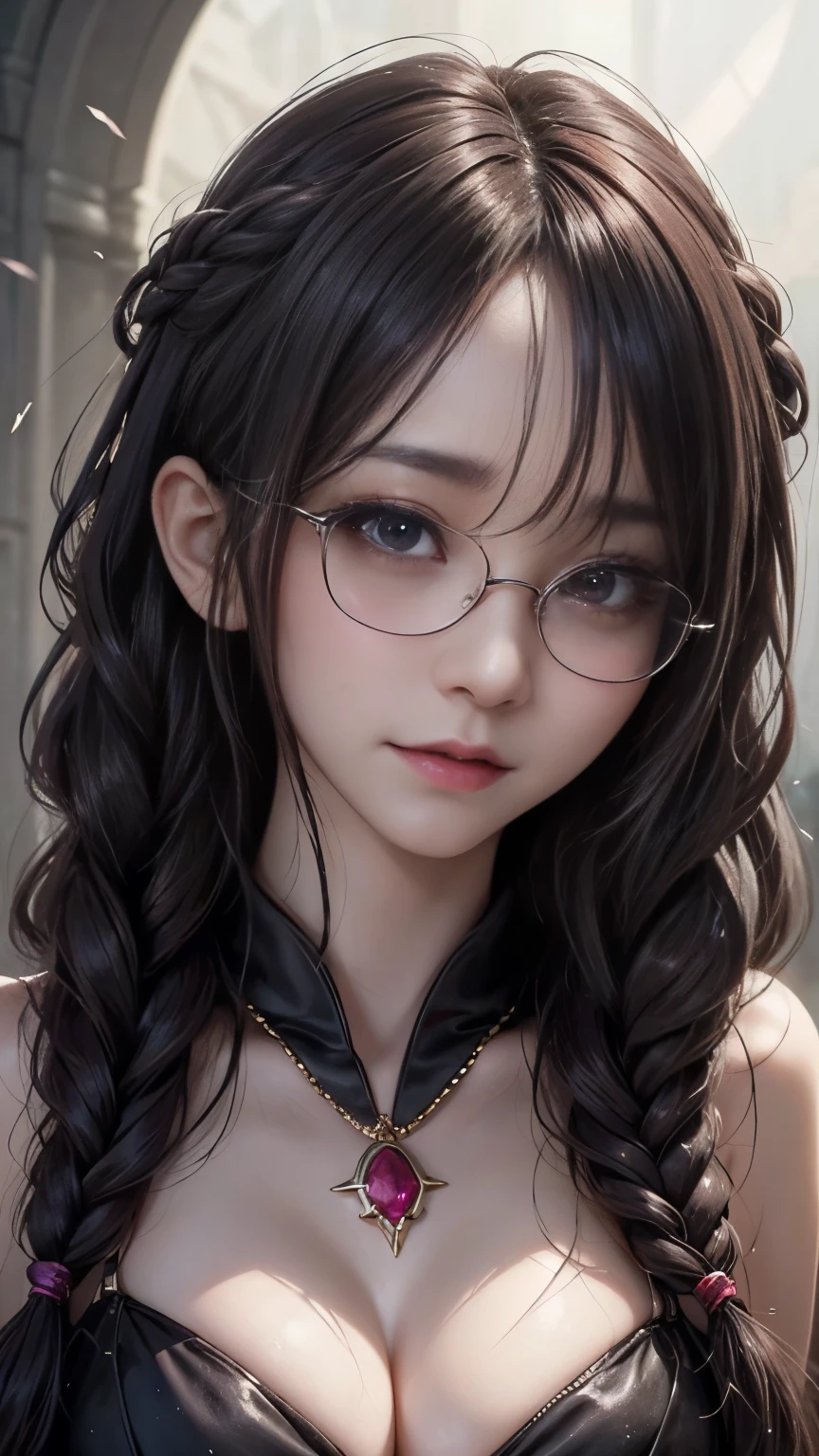 background（Black Night Sky，Big Moon），Woman close up，Wearing a white shirt、Purple Hair，Very long hair，very thick braids，Purple eyes，big 、((((Glasses))))、realistic girl rendering, 8k artistic german bokeh, Enchanting girl, Realistic girl, Gurwitz, Gurwitz-style artwork, Girl Roleplay, Realistic 3D style, cgstation Popular Topics,, 8K Portrait Rendering,（truth，truth：1.4），Wear pink pajamas，巨big ，Sparkling eyes，Purple eyes、(highest quality,4K,8k,High resolution,masterpiece:1.2),Very detailed,(Realistic,photoRealistic,photo-Realistic:1.37),Mythical monster,Beast-like creature,Muscular,Six big legs,Stand like a gorilla,Red fur covering the body,two big horns,Drill teeth,Sharp Claws,Huge shape,Burning Fire Magic,Energy aura,A threatening presence,Glowing Eyes,Intimidating posture,dark environment,Smoke-filled air,Ominous Shadow,Majestic and fierce,Explosive power,Vibrant colors,bold,Horror art style,Moving configuration,Dramatic lighting,Rib Layer,large sharp teeth,Sharp Edges,Very detailedスケール,Burning Crack,Burning Flames,Furious look,Burning with anger,Surrounded by sparks and embers), Scared, dark, spooky, Underwater mist liquid swirling cavity, highest quality, Front view, Satanic, 18 year old asian girl、Liu Wen, Shaved eyebrows, With big black ram horn, , A large snake with slimy tentacles wrapped around its shoulders. Moody and dramatic lighting, Lang Yun, storm, lightning, Smoke and Fog Environment, Fuzzy smoke background, Wide-angle shot, Wide-angle shot, elevation, Extreme angle shot, Vignette, Unrealistic Nightmare,