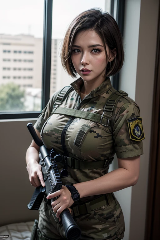 ((Best Quality, 8k, Masterpiece:1.3)), Focus:1.2, hourglass Body, silky black hair, (Military Uniform:1.1), (Firearms: 1.1), (Soldier Uniform: 1), Military Coat, Highly detailed face and skin texture, Detailed eyes, Double eyelids, ((bright skin, Big breasts, ample cleavage, smile)), in the jungle, (perfectly normal anatomy), Holding firearms, rifle, Soldier, Perfect Soldier, weapon, rifle, special force, military, Super detailed firearms, Army, Super fine firearms, Super detailed firearms, Super realistic firearms, super detailed rifle, super realistic, muscular, an adorable Chinese female soldier