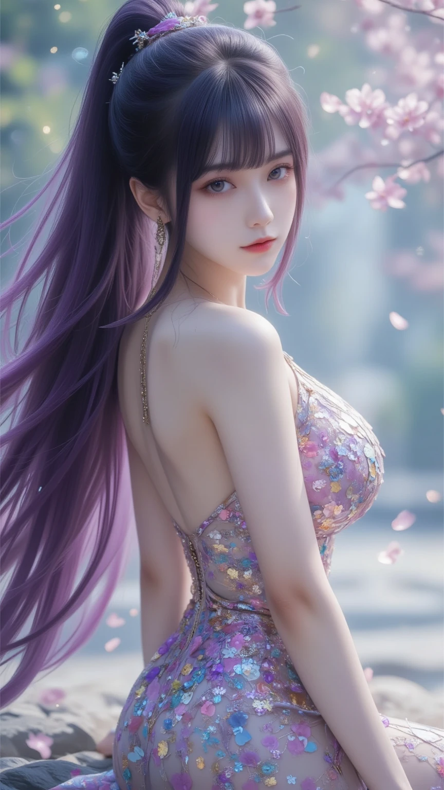 model shoot, (1 girl), long hair, rainbow hair, Islamic warrior, rainbow outfit, laces, shining:1.5, hyper realistic, super detailed, Dynamic shot, masterpiece, scene sharp détails, perfect eyes, perfect skin, perfect hands, attractive poses,