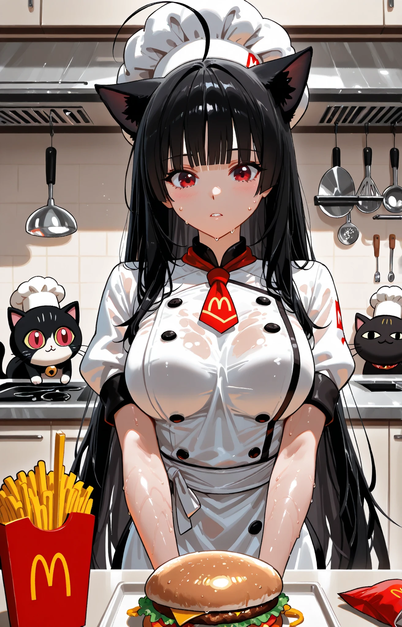 cat: kitchen, wool wet with sweat and grease helps. cat asa pescado, for McDonald's. chef's hat to a cat, I wore a.
sexy girl help ((cat girl, cat black ears)), (red eyes), (long hair), (( black hair, (Ahoge), straight bangs,)),, caress the cook cat
