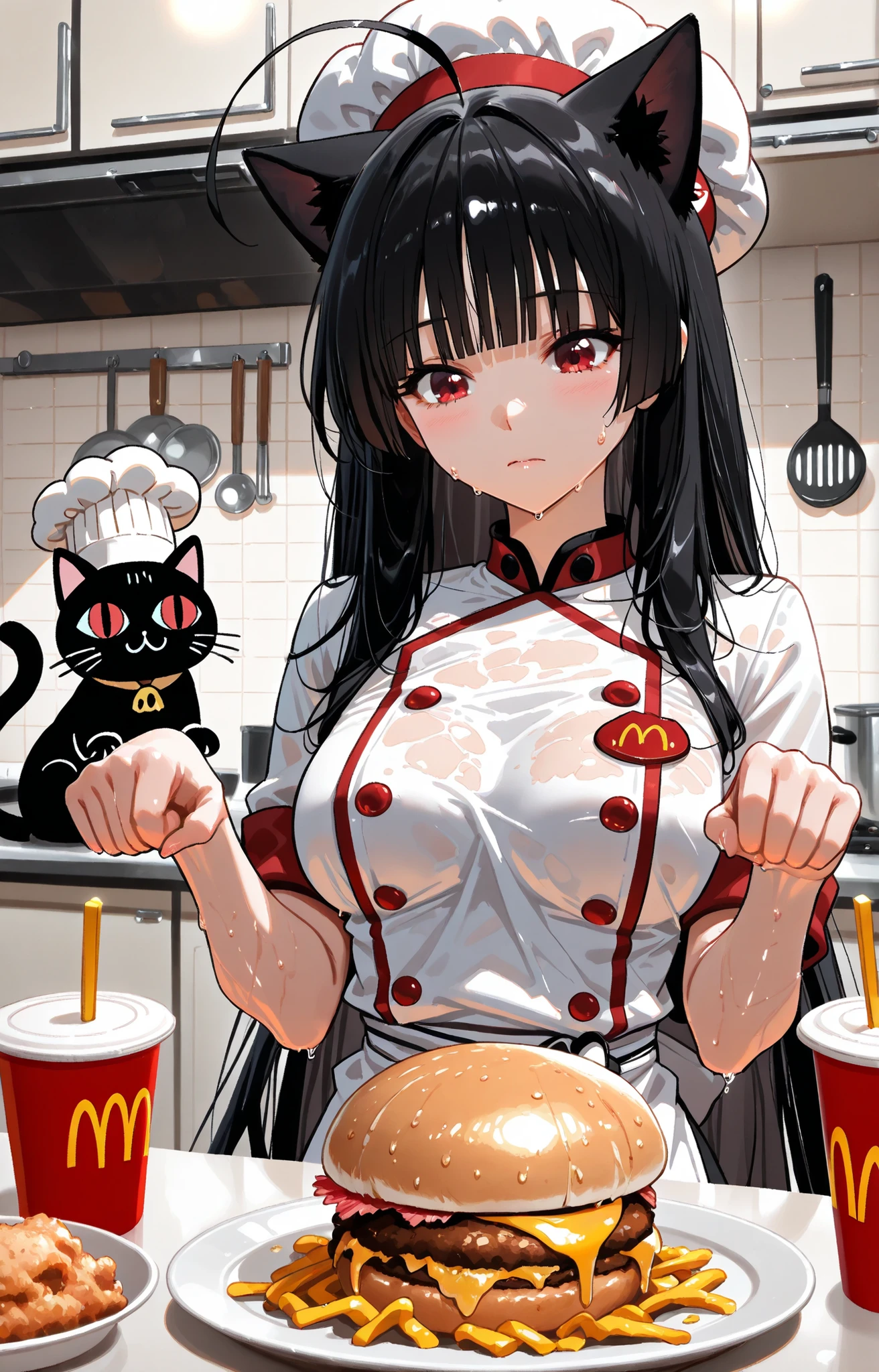 cat: kitchen, wool wet with sweat and grease helps. cat asa pescado, for McDonald's.  chef's hat to a cat,  I wore a. 
sexy girl help ((cat girl, cat black ears)), (red eyes), (long hair), (( black hair, (Ahoge), straight bangs,)),, caress the cook cat