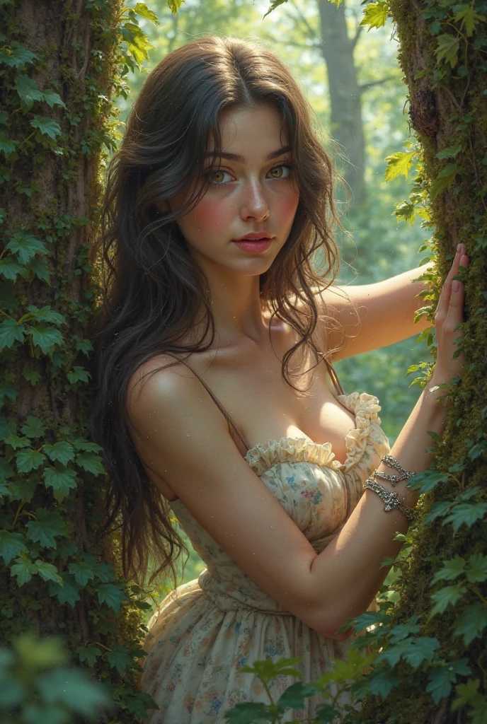 20 year old spanish woman, Real women、realistic pictures、Portrait from the shoulders up、Portraits that focus on the face、long wavy hair, perfect details, perfect face details, perfect eye details , very beautiful skin、perfect skin details, written boundary depth, in a very dark and deep forest、There is a thick morning mist surrounding the area.、Completely naked、No bra、No panties、exposed shoulders、expose one's chest、expose the nipples、face focus , Small and realistic female body shape、he wears a wreath of flowers on his head.、rose、 fantastically beautiful, romantic、low contrast、very soft light, ((david hamilton style)), highest quality, Photoreal, 8K, High resolution, fine skin, 20 year old female、very cute spanish model、very detailed face、detailed nipples、the most beautiful face、Very close up of the face、Portrait from the shoulders up、Portraits that focus on the face、ideal model body type、big face、large chest with a slight droop、short torso、there's no one here、sitting at the base of a large tree,,、Completely naked、No panties、Completely anatomically correct body、one head、upper arm、2 feet、smiling、open your mouth a little、A little white teeth are visible、embarrassed look、model pose、enjoy、feeling happy、From the side、from a little below、