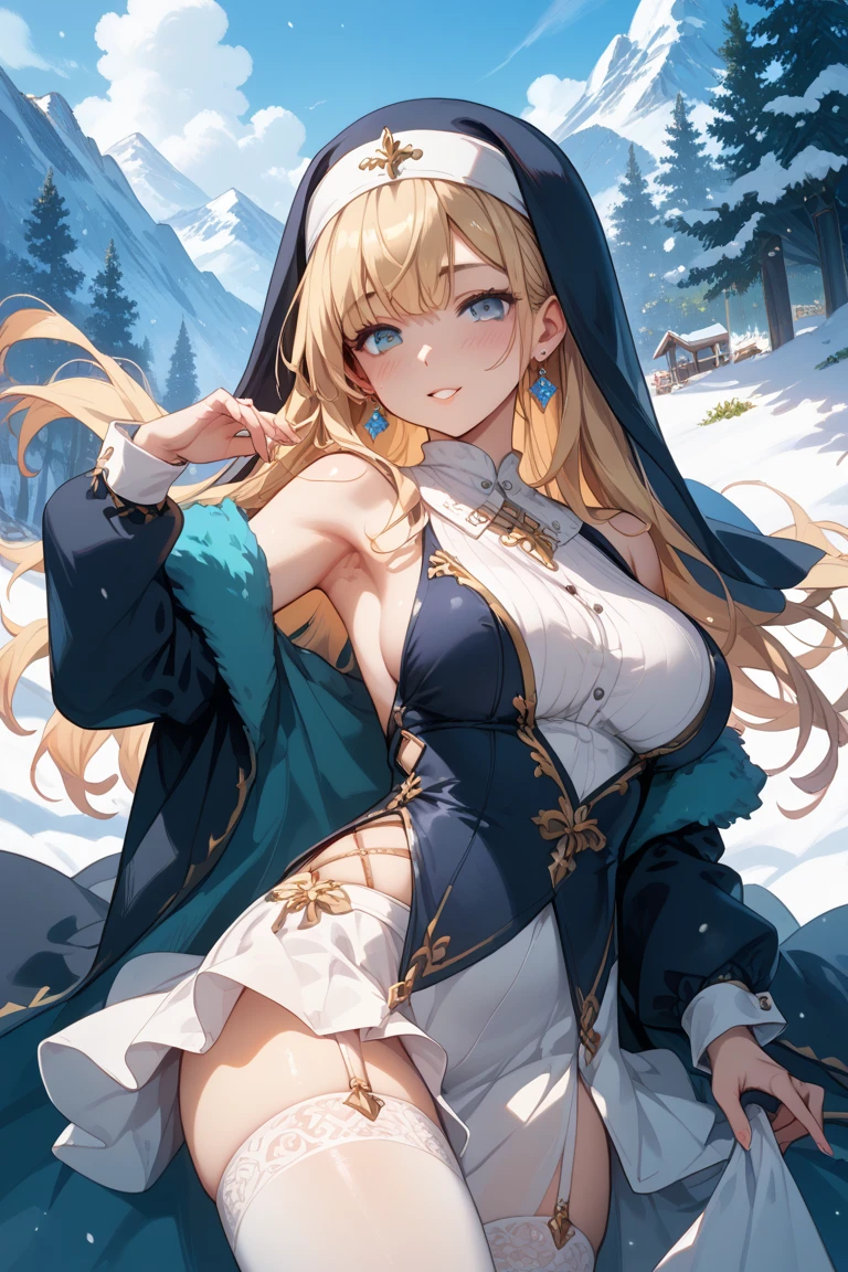 masterpiece, best quality, very aesthetic, absurdres, newest,1girl,naked_shirt, covered_nipples, ,Sword Maiden, long hair,blonde, black_blindfold,,,snow land