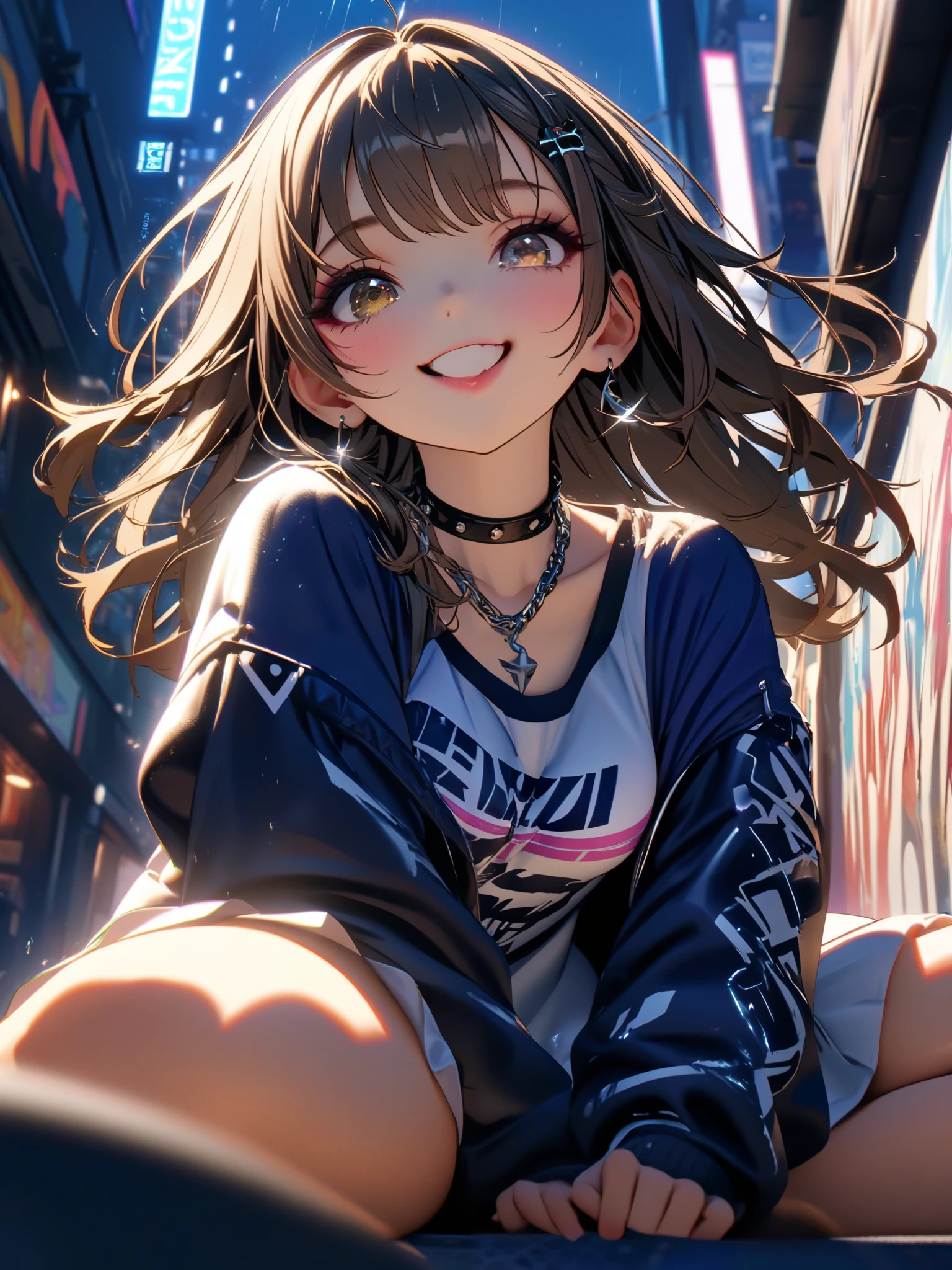 Anime girl sitting on the ground in a city with a necklace - SeaArt AI
