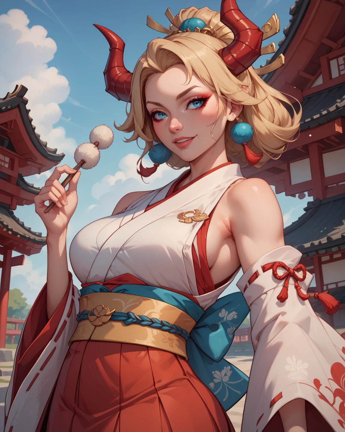 (masterpiece:1.2), (The best quality:1.2), perfect lighting, dark magician gils girl, Long blonde hair. in his twenties, arching her back in a sexy and seductive pose, accentuated super huge enormously big , neckline, beautiful open kimono, oni horns and hair ornaments, from above, cherry blossoms waving in the wind, very long red hair, sitting opening legs. Shinto shrine background, neckline profundo mostrando