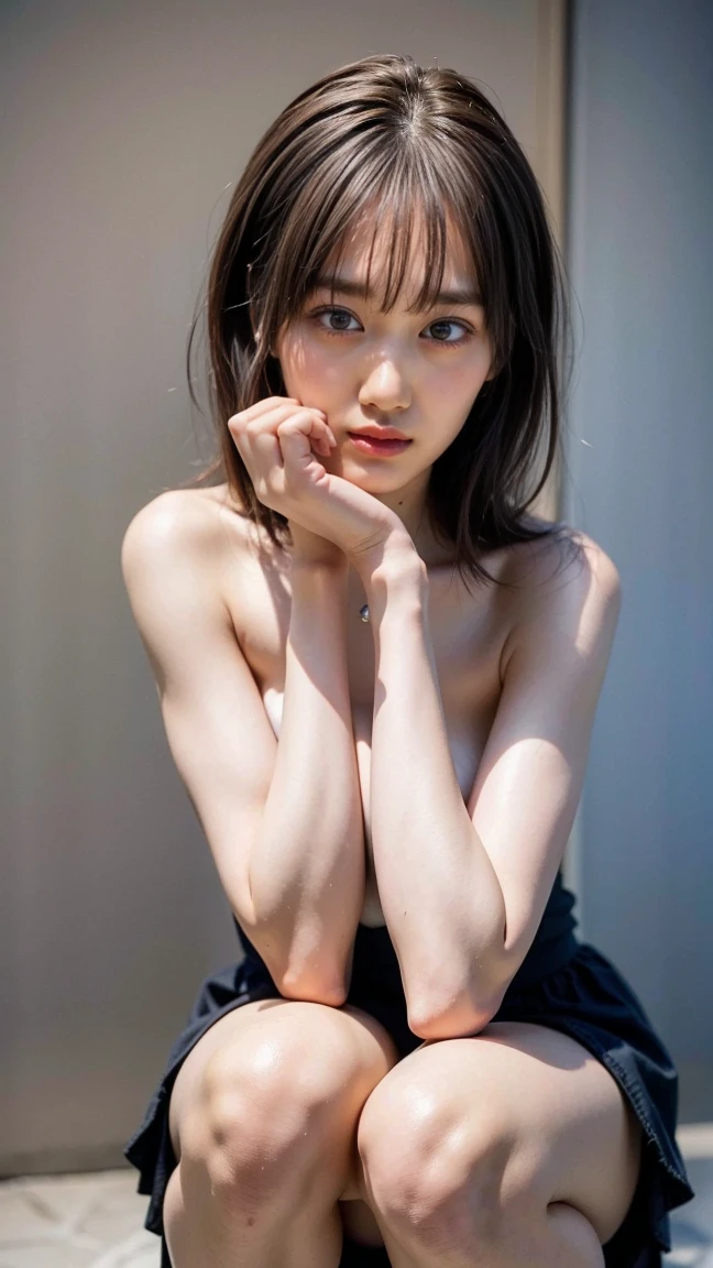 (Small Tits), (18-year-old), (very small head), dawn, sunlight, (Perfect body:1.1), (8K), (Very delicate and beautiful), (Highest quality:1.0), (Realistic), Realistic Shadows, (High resolution:1.0), Detailed skin, Very detailed, the body is slim, (Beautiful Hair, Real Hair, Thinning hair), blush, Realistic, Realistic Face, Realistic eyes, Small eyes, smile, (eyeliner), (mascara), (eye shadow), whole body、Open leg pose、Nipples、naked、Thick pubic hair、Bob Hair、blonde、The background is a white wall