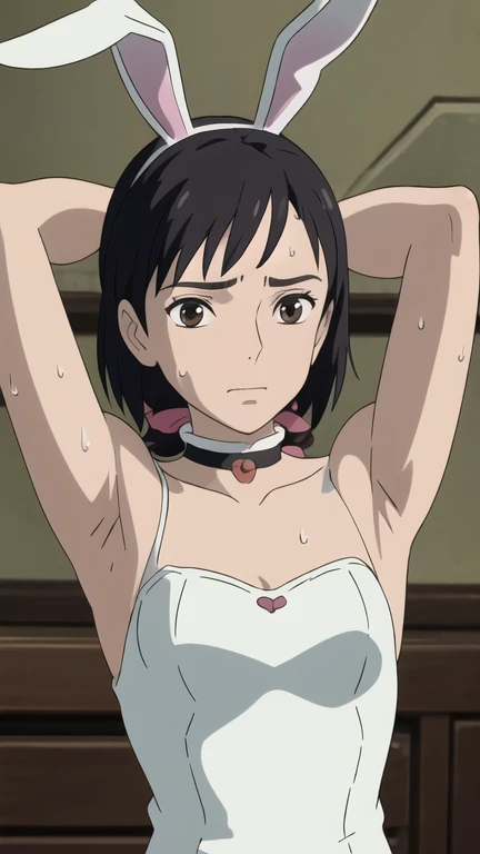 Outdoor、forest、Ripped clothes、Sweat、Hanging(Tied up with rope)、Spread your legs、sit、Showing off your armpits、blush、Angry face、Open your mouth、pubic hair、Toned body、Medium breast、