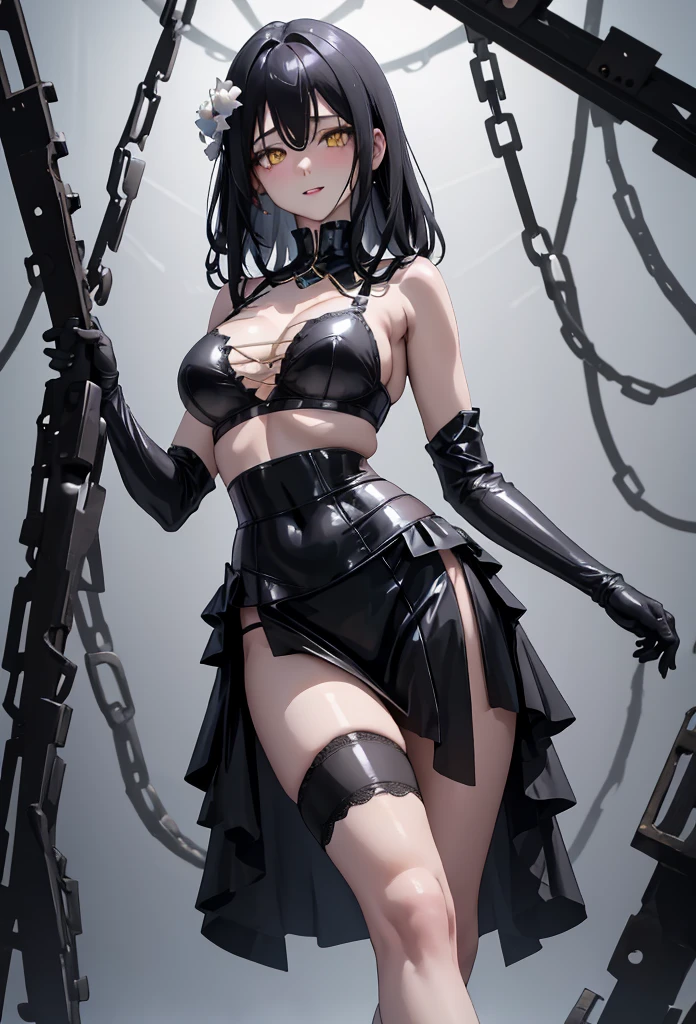 dark fantasy anime illustration of a (mature MILF BIMBO albino skin and short white hair), (FULL BODY) perfect face, wearing tight leather stealth armor, stalking, BIG KNOCKERS CLEAVAGE, lustful smirking smile red blush red cheeks, chain leash, kneeling, shackles, leather black collar slave, ((BLACK background)) hands on glass WITH KNOCKERS on glass, glass window fog water drop, 5 fingers each hand, metal handcuffs, black choker collar, thigh highs, long legs, metal ankle, metal sandals, metal shoulders, standing straight symmetrical against glass