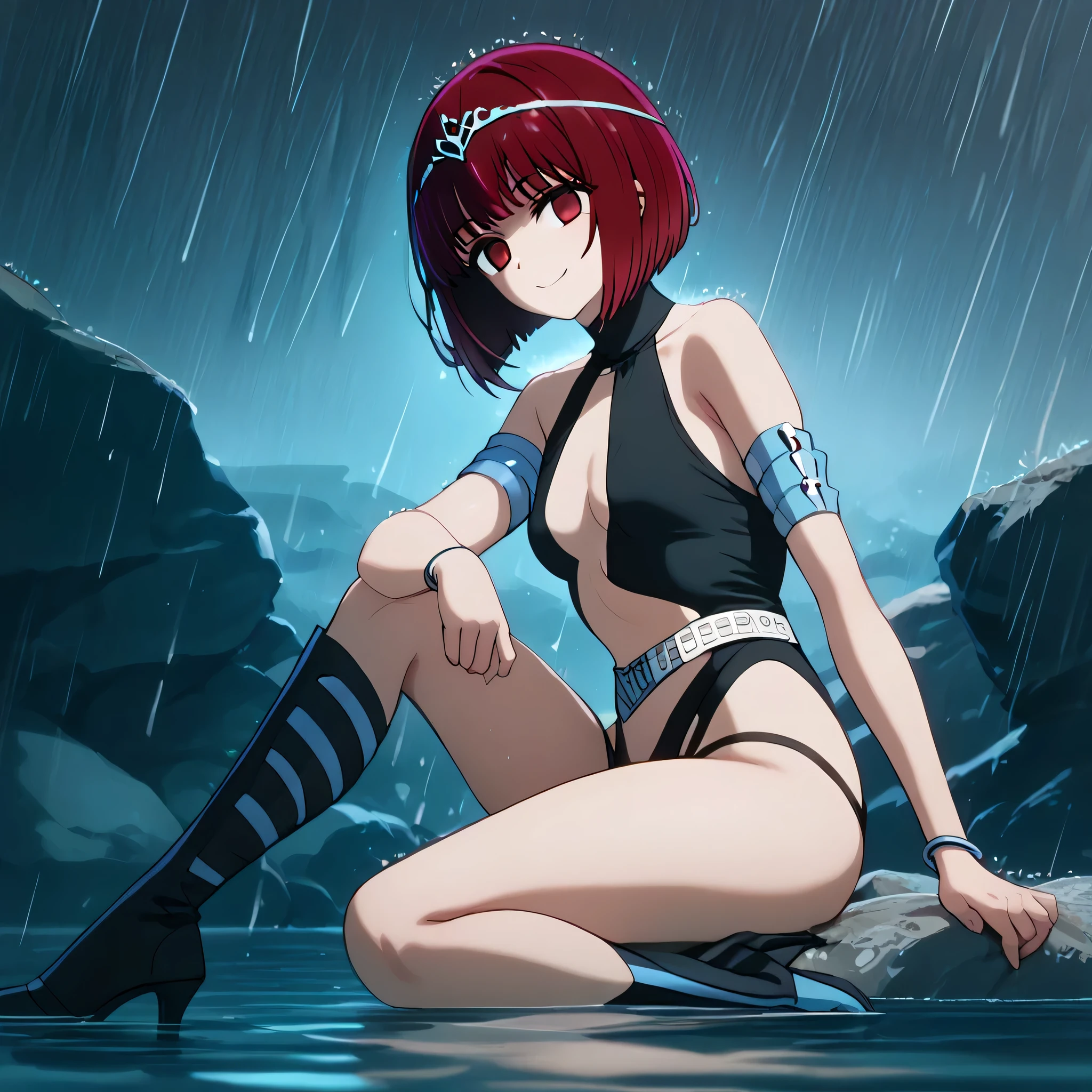 (((Masterpiece))), (((Best Quality))), ((Super Detail)), ultra-High resolution, score_9,score_8_up,score_7_up,score_6_up,score_5_up,score_4_up, BREAK, source_anime, anime screencap, uncensored, rating_explicit, Masterpiece, (best shadow), (absurdres), (detailed background), (very aesthetic), shiny, detailed beautiful eyes, outstanding, countershading, detailed soft lighting, an exquisite animation illustration, curvy, dark persona, empty eyes, expressionless, blank eyes, looking at viewer, full body, emotionless, Fighting Stance, horizontal pupils, (((black leotard, clothing cutout))), high heel boots, knee boots, circlet, armlet, bracelet, belt, halterneck, (((solo, 1girl))), hair ornament, seductive pose, submissive pose, small breast, kana arima, short hair, bangs, red eyes, red hair, bob cut, rain, rain background, ssubmerged, sitting on rock, flooded, sitting, rock, view from side, looking from side, from side, smile