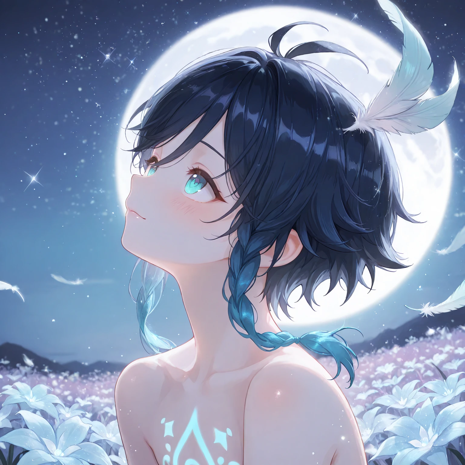 masterpiece, best quality, amazing quality, very aesthetic, newest, bust up portrait,flat male chest,
watercolor painting, nude, beautiful boy, venti genshin impact,artistic effect, absolutely resolution, masterpiece, highly detailed, sharp focus, vivid colors, soft lighting, cinematic composition, absurdres, highres,field of glowing blue puff balls,graceful, feathers, side view, head tilted back,bare neck,lightly glossed lips,soft blush,looking up,glitter,shimmering,night scene,sensual,moon,light particles,starry,iridescence,slim neck,slight smile