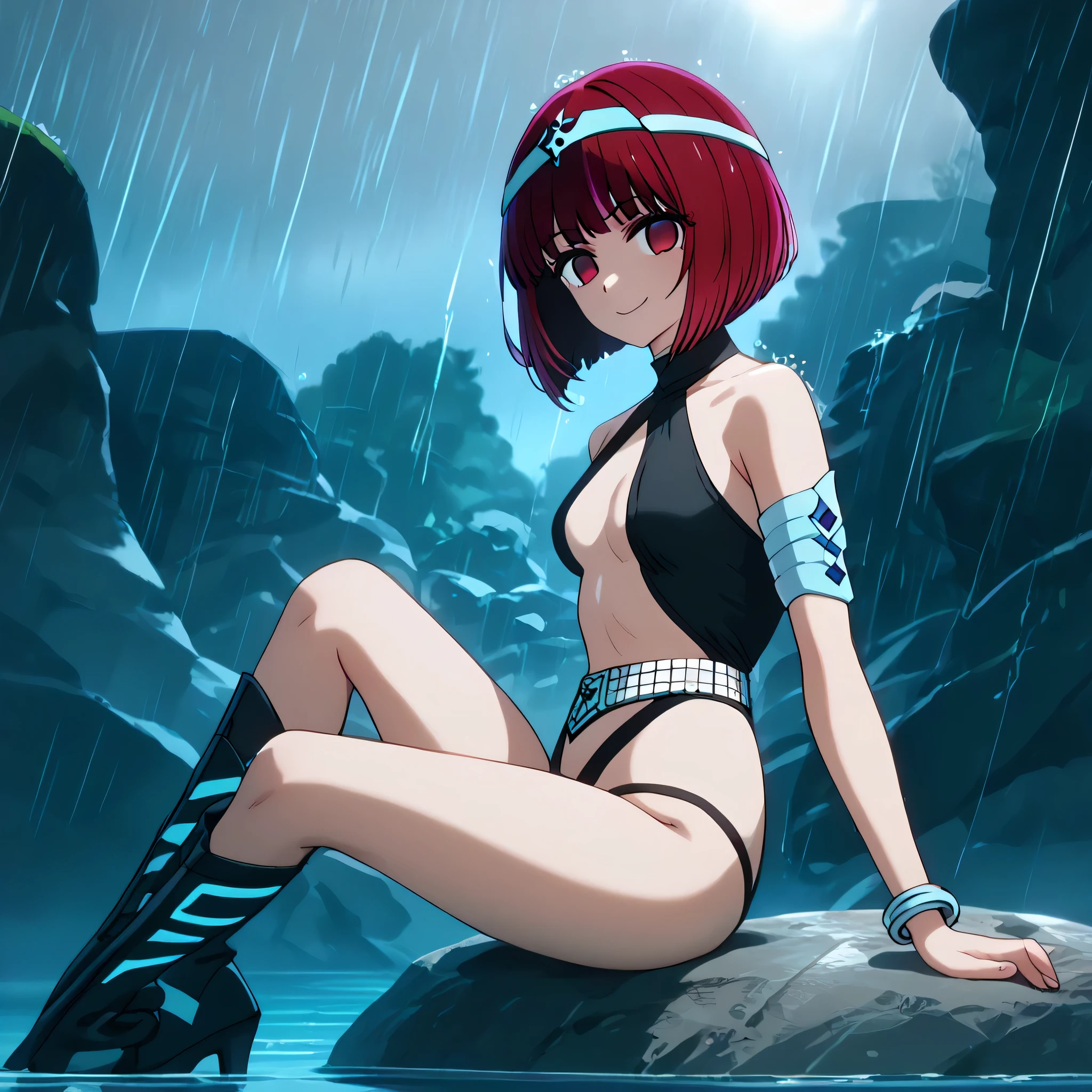 (((Masterpiece))), (((Best Quality))), ((Super Detail)), ultra-High resolution, score_9,score_8_up,score_7_up,score_6_up,score_5_up,score_4_up, BREAK, source_anime, anime screencap, uncensored, rating_explicit, Masterpiece, (best shadow), (absurdres), (detailed background), (very aesthetic), shiny, detailed beautiful eyes, outstanding, countershading, detailed soft lighting, an exquisite animation illustration, curvy, dark persona, empty eyes, expressionless, blank eyes, looking at viewer, full body, emotionless, Fighting Stance, horizontal pupils, (((black leotard, clothing cutout))), high heel boots, knee boots, circlet, armlet, bracelet, belt, halterneck, (((solo, 1girl))), hair ornament, seductive pose, submissive pose, small breast, kana arima, short hair, bangs, red eyes, red hair, bob cut, rain, rain background, ssubmerged, sitting on rock, flooded, sitting, rock, view from side, looking from side, from side, smile