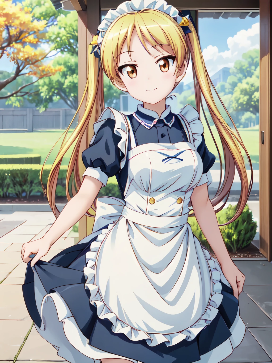 masterpiece, top quality、smile、, top quality, 1 girl, top quality、smile、Rin Suzunoki, alone, 1 girl、Absolute reference to the center、(Maid、ビクトリア朝Maid服:1.2)、Absolute reference to the center、 outdoor、garden