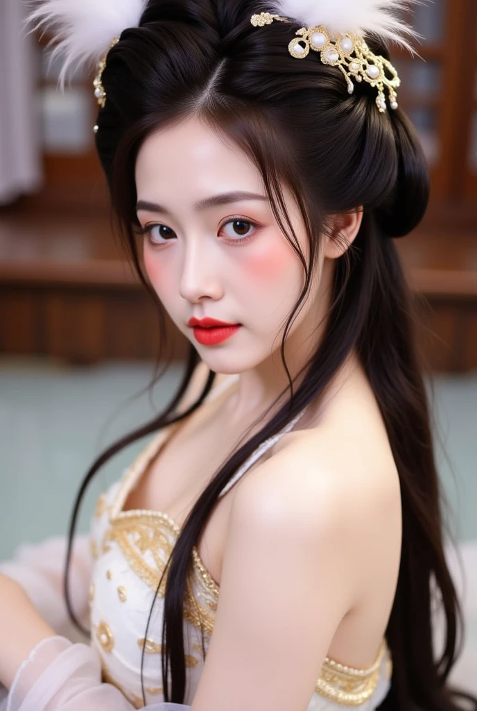 highly detailed, 8K, masterpiece, full-body shot，Facing the camera，1 girl, Black hair, nude, Smile, (perfect_Face), boundary, close up, crazy,, Gorgeous, complicated, Dramatic Lighting, 4K, detailed, Caustic lines, Half Body,  Huge breasts 1.5，Deep cleavage，Transparent woven Hanfu，Exquisite ancient hair accessories、Necklace and Earrings，Standing under the peach tree in full bloom，Flowers all around。