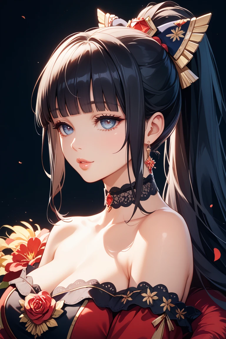1girl in, Bad girl, Full body of Japan girl、Beautie、bare shoulders​, A dark-haired, Brown-eyed, eyeshadows, Hand holding a Japan sword、florals, hair adornments, hair stick,  ngel, Komono, Kanzashi, Kimono, lipsticks, Look at viewers, makeup, manicure, off shoulders, red-lips, red claw, sarashi, 独奏, The tattoo, Uploaded, The upper part of the body, white backgrounid,a matural female,seducting smile