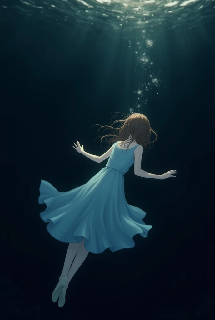 score_9, score_8_wonderful, score_7_wonderful, score_6_wonderful, sauce_anime, partially underwater, 
One Girl, Long Hair, Brown Hair, Wet Hair,
White Dress, Swamp,
Dark Background, Blurred Edges,8-year-old、Adventurer、Flat Chest、Pitch-dark underground labyrinth、No light、skirt、Equipped with a dagger and a shield、水面よりwonderfulの顔、?????? in water, Underwater Photography、浮力でskirt捲れる