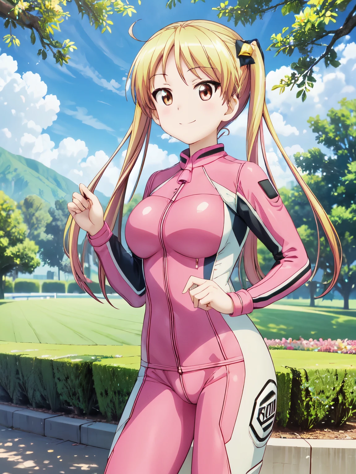 masterpiece,  top quality、smile、,  top quality,  1 girl,  top quality、smile、Rin Suzunoki, alone,  1 girl、Absolute reference to the center、(pink racing suit:1.2)、Absolute reference to the center、 outdoor、garden
