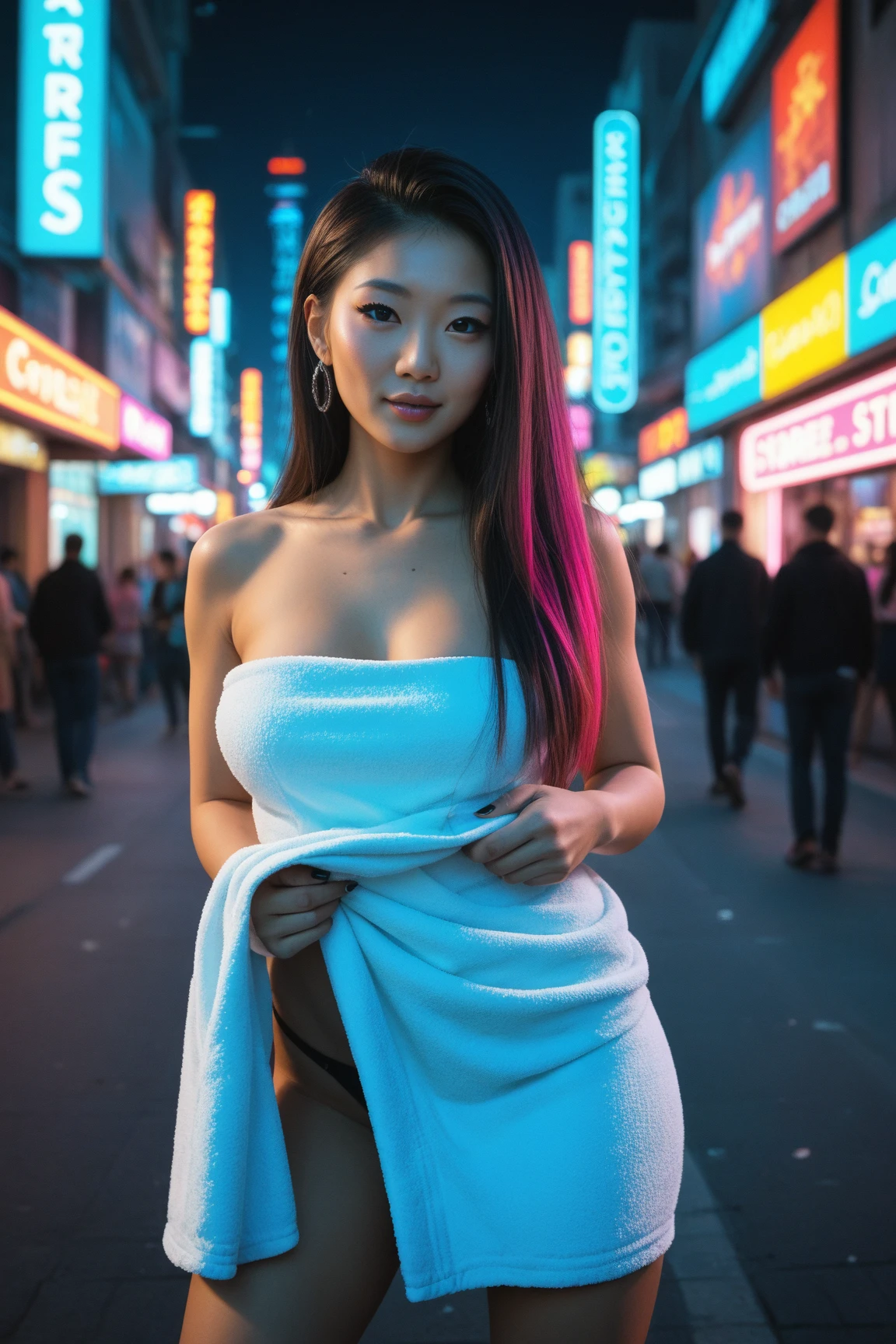 (Nude sexy mature Japanese woman, extremely_long_hair, slanted Asian eyes, hourglass figure, perfect eyeliner:1.2), (masterpiece:1.4, best quality), medium breasts, unity 8k wallpaper, ultra detailed, (shopping in crowded plaza, purple pink yellow neon lights, wearing nothing:1.3), alluring pose, upper body, narrow_waist, beautiful and aesthetic, detailed, solo, pubic_hair