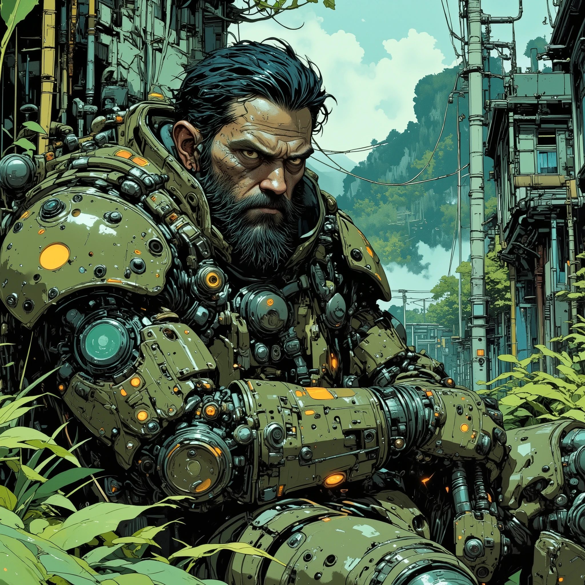 a powerful middle-aged special forces man, in a cool black broken military armor, struck by a mysterious force, pinned to the ground, torture,pose,wet black hair, short black beard, suspicious gestures, looks at the gloomy heavy sky, tired dirty and wet face, left hand touches the ground, right hand holds a knee, tropical rainstorm, wet jungle, ornamentation, giant tree, ruins of buildings, view from a height, diagonal angle, dramatic shot, suffering, destruction, longing, high detail, cinematic shot, blockbuster, science fiction, cyber-punk, cyber-futurism, 64K resolution