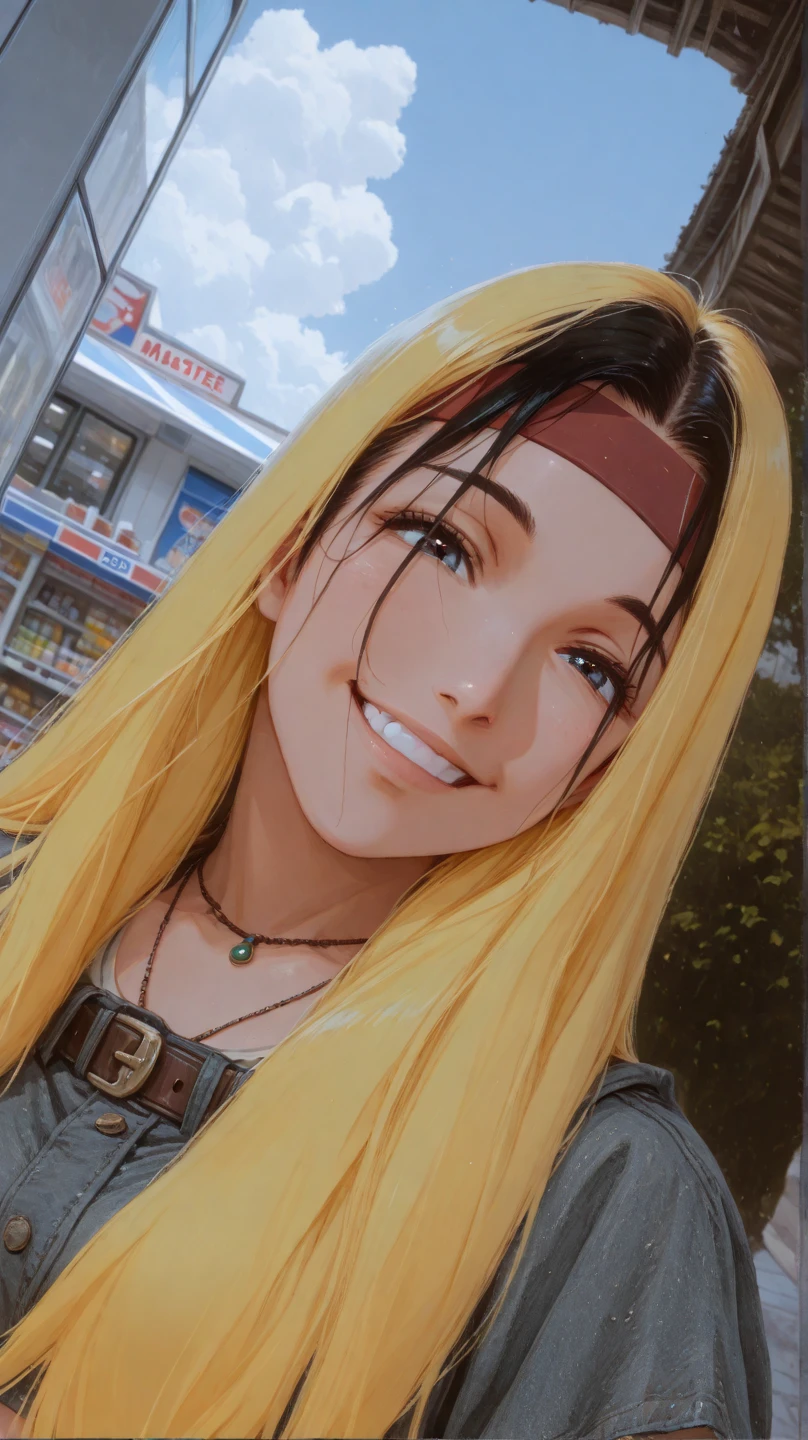 (score_9, score_8_up, score_7_up, source_anime, hayley, 1girl), (extremely detailed CG unit 8k wallpaper),(master part), (best quality), (ultra detail), (best illustration),(ghibli_style), cowboy shot, close up, standing, facing viewer, looking at viewer, perfect face, perfect eyes, perfect fingers, (Sharp eyeliner, ombre, detailed eyes:1), traditional media, ghibli landscapes, outdoors, convenience store, blue sky, break , upper body, solo, smile, black hair, necklace, long hair, breasts, tank top, midriff, headband, pants, belt, navel piercing