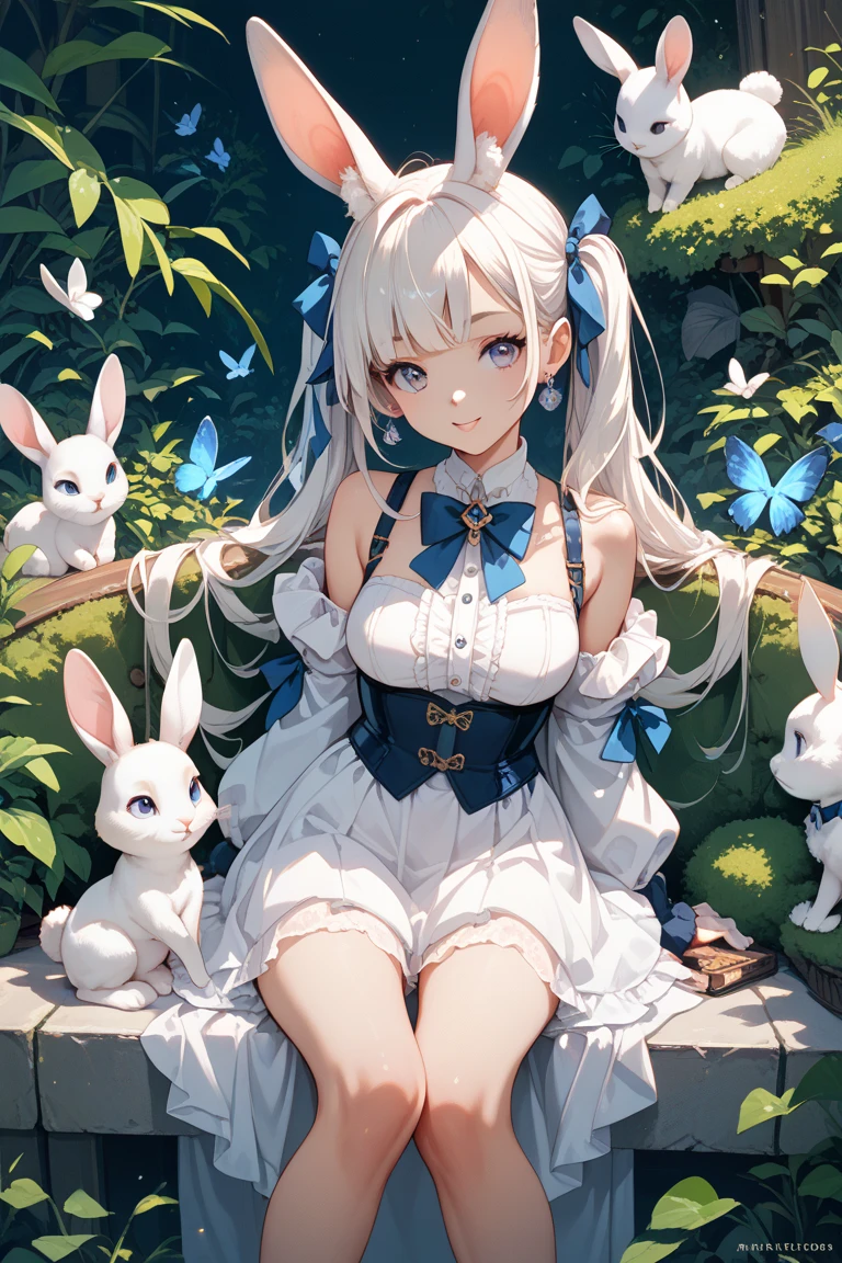 beautiful woman、beautiful woman、white luxury off shoulder bikini、White下着姿、rabbit ears、White手袋、White fur、White Knee High Socks、raise both hands、big breasts、blush、grassland、sit