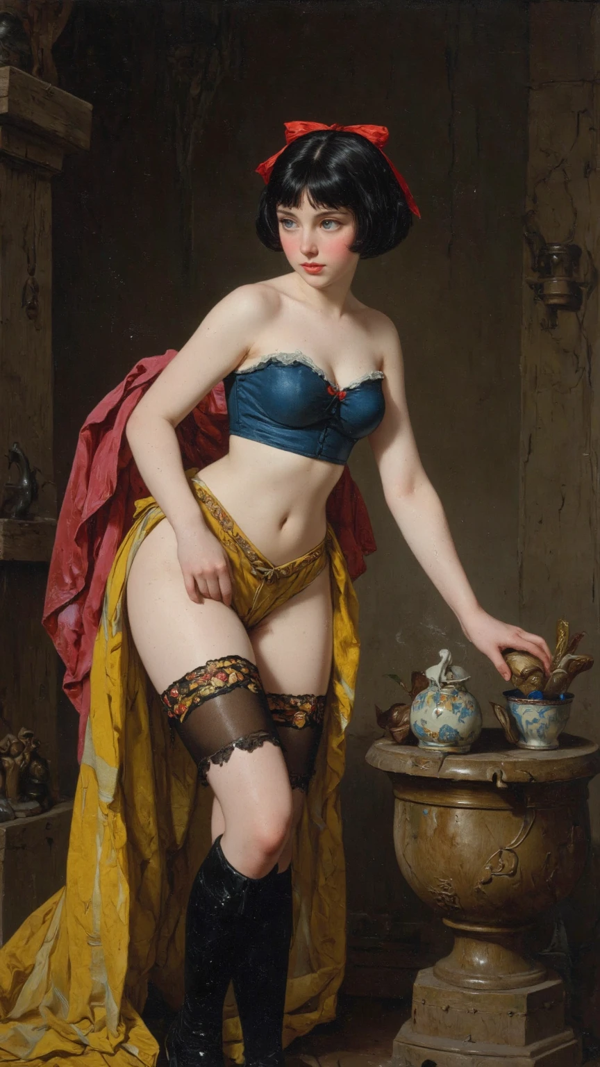 a woman, drooping eyes, ((styled old oil painting)), eyes realistic sizing, (round face), (transparent thigh-high and pubic hair), straddling bollard that is standing on the table corner to hit her crotch, spread legs, pubic hair, angle from below, 