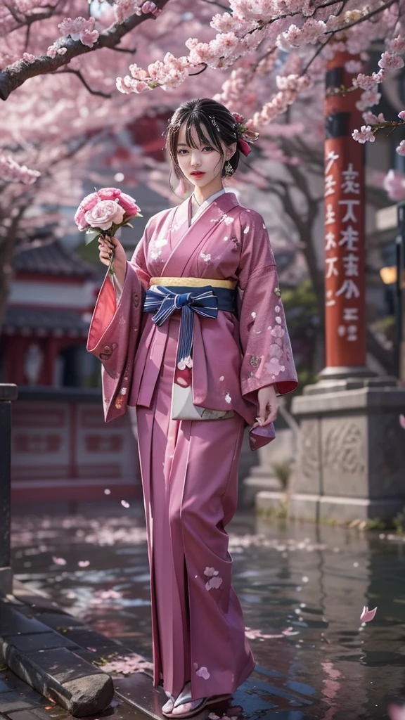 (32K, best quality, masterpiece, photorealistic, super high resolution), ((Sakura Fubuki, Big Cherry Blossom Tree)), highly detailed skin and face textures:1.3, PERFECT DYNAMIC COMPOSITION:1.4, (Modern Urban Shrine Night, Expressions of joy:0.8, crying, broken heart:1.0), slim woman, perfect style, natural makeup, white skin, (Wearing a professional hakama, Holding a bouquet of cherry blossoms, The silver hakama ), (very pretty face with a bouquet of cherry blossoms:1.0, Beautiful erotic eyes:0.8, Overly sensual:0.8, enchanting:0.8), sexy beauty, beautiful and aesthetic, medium chest, chest gap, wet body, wet hair, earrings, wedding ring, after the rain, Water droplets on skin