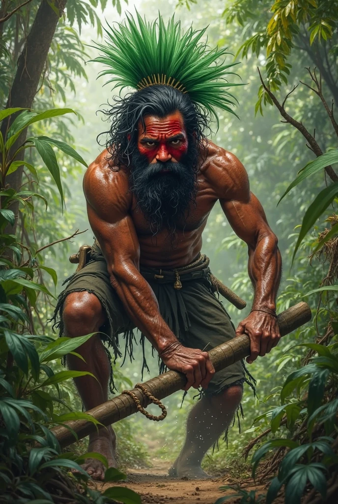 An Alifuru tribe man wearing a red cloth headband, holding my machete and my salawa