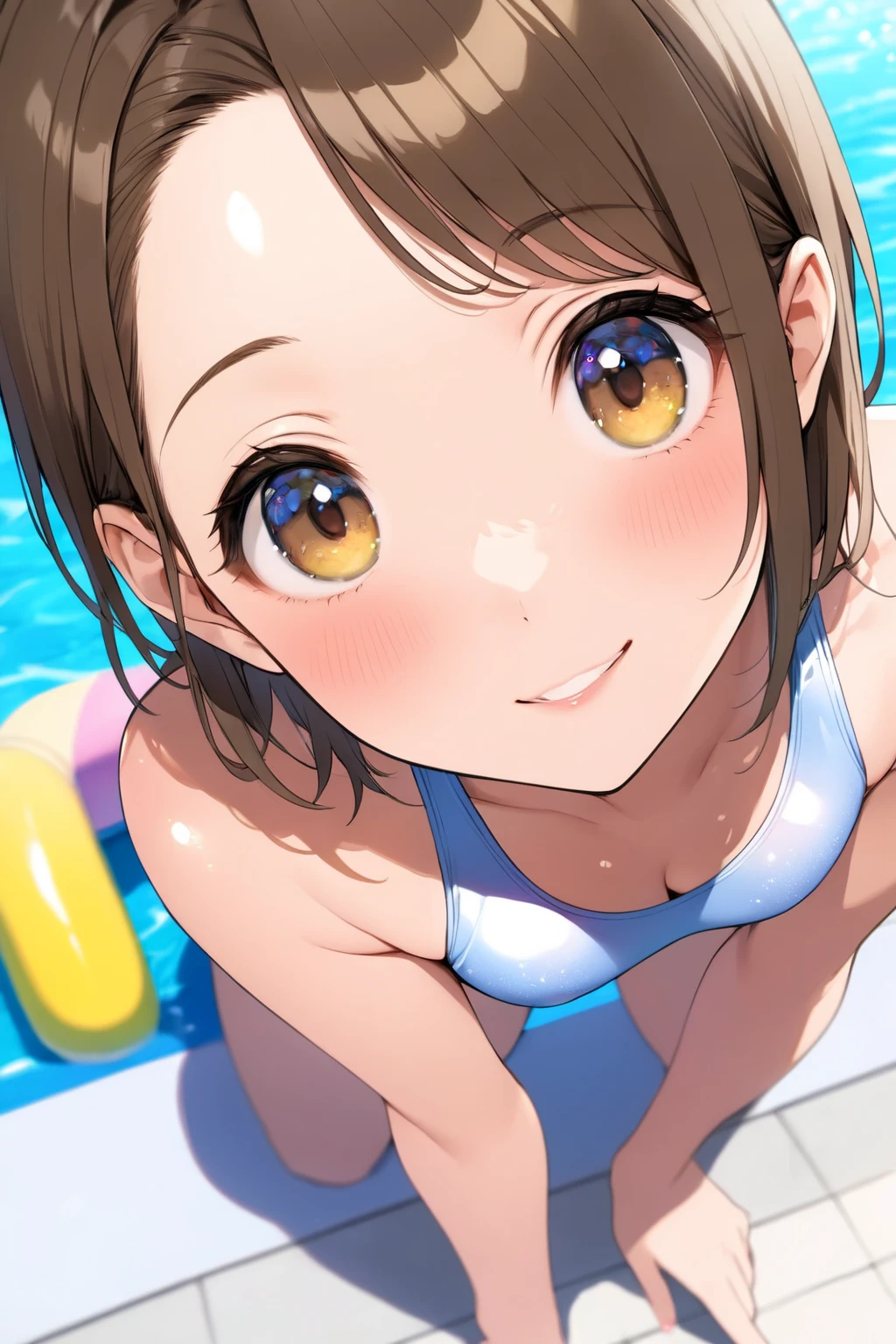 Highest quality, masterpiece, Ultra-high resolution, 8K, Show anime style , One, Soft Line Art, Digital Enhancement, shojo anime touch, shojo manga core, Flowing fabric, close, Soft Drawing, Ultra High Definition Digital Anime Art, Clear facial depiction, Highly detailed girl manga character art, Ultra-detailed manga style, Highest qualityの色, (Short brown hair)), Staring at us from the front, Beautiful brown hair, Clear brown eyes, A little chubby,Small breasts,Small butt,(((Teasing Smile)) 、Sexy white bikini swimsuit、Midsummer Sunshine,Sandy Beach,I put my hands over my eyes because of the glare
