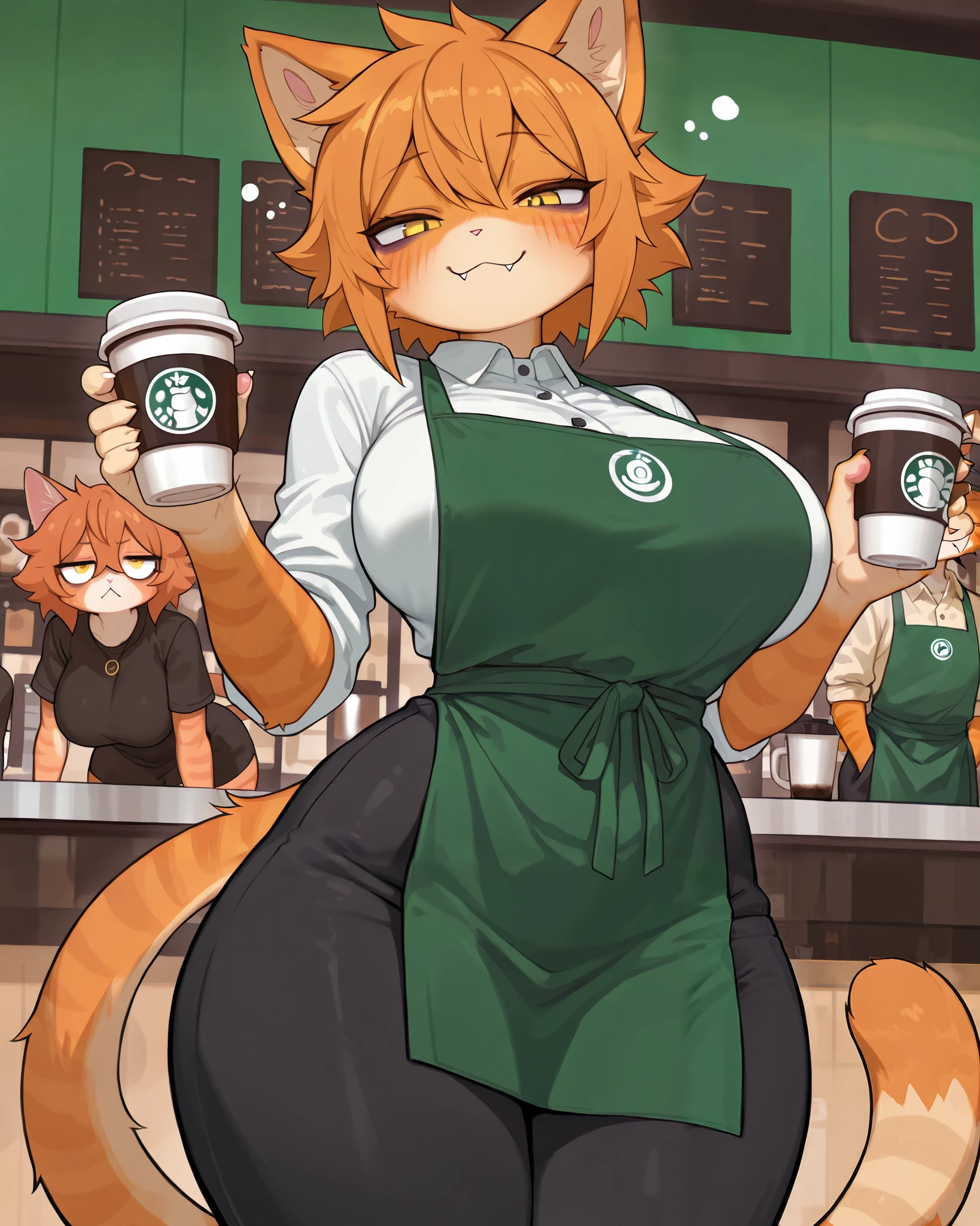 ((solo)), (masterpiece, best quality:1.2), high quality, highres, absurdres, solo, big breasts, orange cat, anthro cat, female cat, orange fur, stripped fur, tan stripes, female, short hair, fluffy hair, spiky hair, large breasts, wide hips, thick thighs, mammal, solo focus, yellow eyes, smug look, fangs slightly showing, small fangs, 3/4 view, ((coffee shop background)), white button up shirt, black dress pants, green apron, tired expression, slight bags under eyes, arms propping up body, 