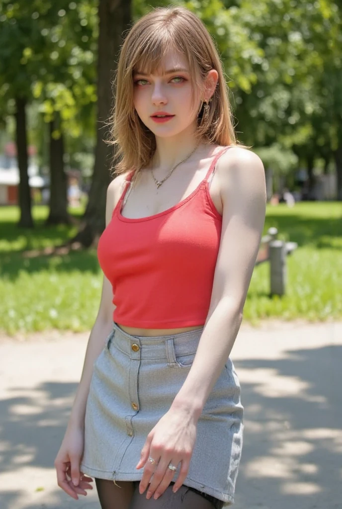 french,italian model,,Very detailed, Best Quality, reality,beautiful detailed photograph,color long  hair,  red eyeshadow,looking at the viewer,parl neckless,ring
,long earing, wearing color  tanktop and mini skirt, legs open,pantyhose, park
