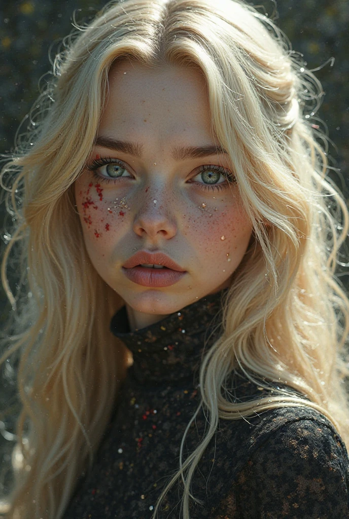 An exquisite portrait of 1 albino woman with deep and clear skin, a photograph captured in stunning 8k resolution and raw format to preserve the highest quality of details. The beauty of women is undeniable, her face commanding the frame in a close-up that reveals the intricate details of her eyes. She wears a dress that complements her radiant skin, and her eyes are portrayed with meticulous attention to detail, showing a captivating depth within. The photograph is taken with a lens that emphasizes the challenge of your gaze, and the backdrop is a dark studio environment that brings out the soft colors of the scene. Lighting and shadows are expertly crafted to highlight the richness of your skin tone and the subtle nuances of your features... Your blonde hair, with its distinct shadow, adds a touch of warmth and contrast against your skin. The interior ambiance adds a sense of intimidation, while the freckles on her albino skin tell their own story. The overall composition captures its essence with traditions and grace, creating a portrait that is a celebration of your heritage and beauty. Photography by challenge512, using the best shadow and lighting techniques, to create a mesmerizing portrait that transcends the visual, ultra-realistic image, perfect symmetry, vibrant and clear, dynamic view, high level of detail and definition, 1200 PPI - Photographic resolution with greater color realism, hyperrealisti, high fidelity,  cinematic.