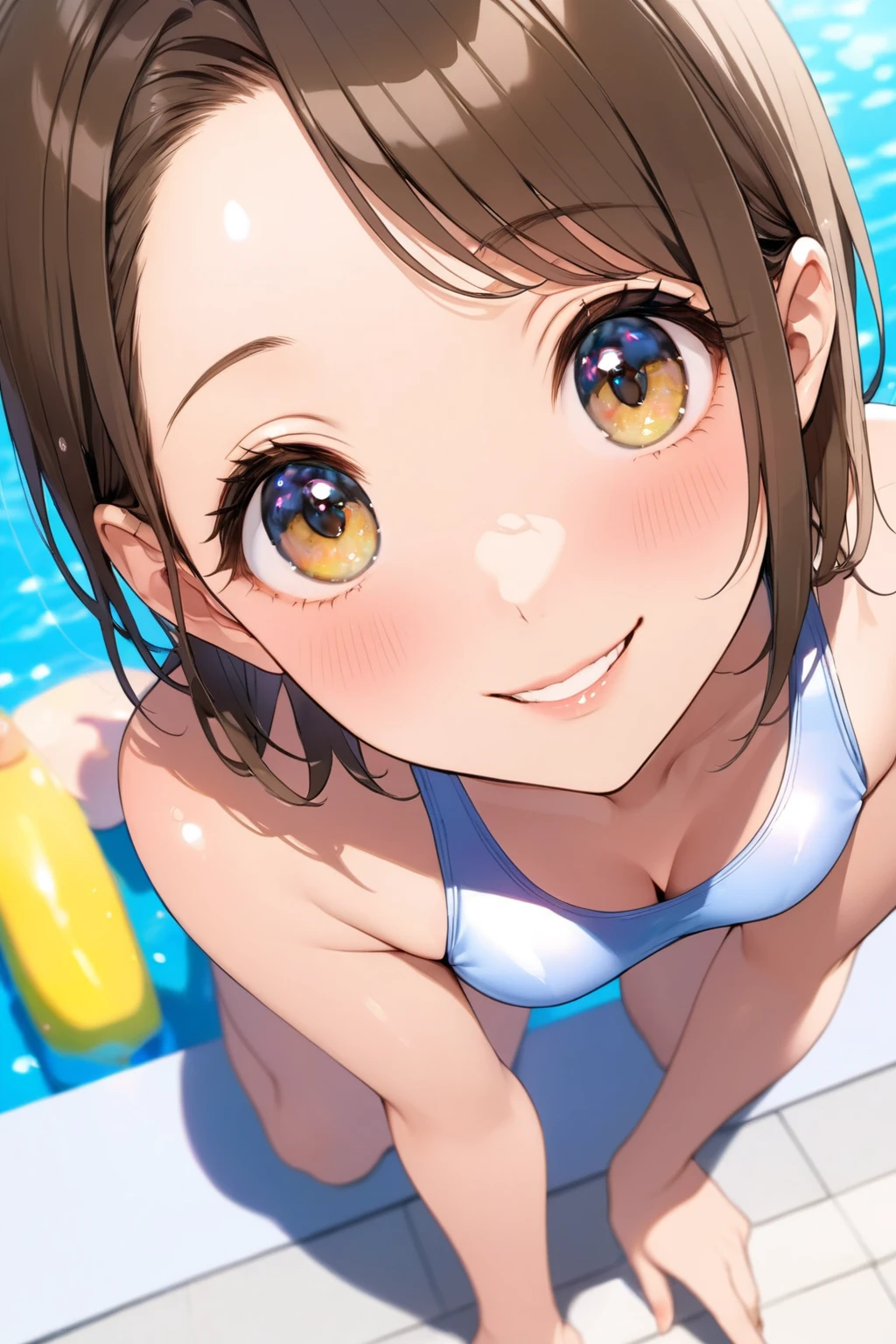 Create an AI image featuring a young woman with black curly hair and striking blue eyes, shown from head to waist. She is wearing a cute bikini, smiling brightly, and standing near a pool. The background should display a vibrant, sunny poolside scene with clear blue water. Ensure the image is of photographic quality with excellent color grading and sunny light, capturing a cheerful and summery atmosphere.