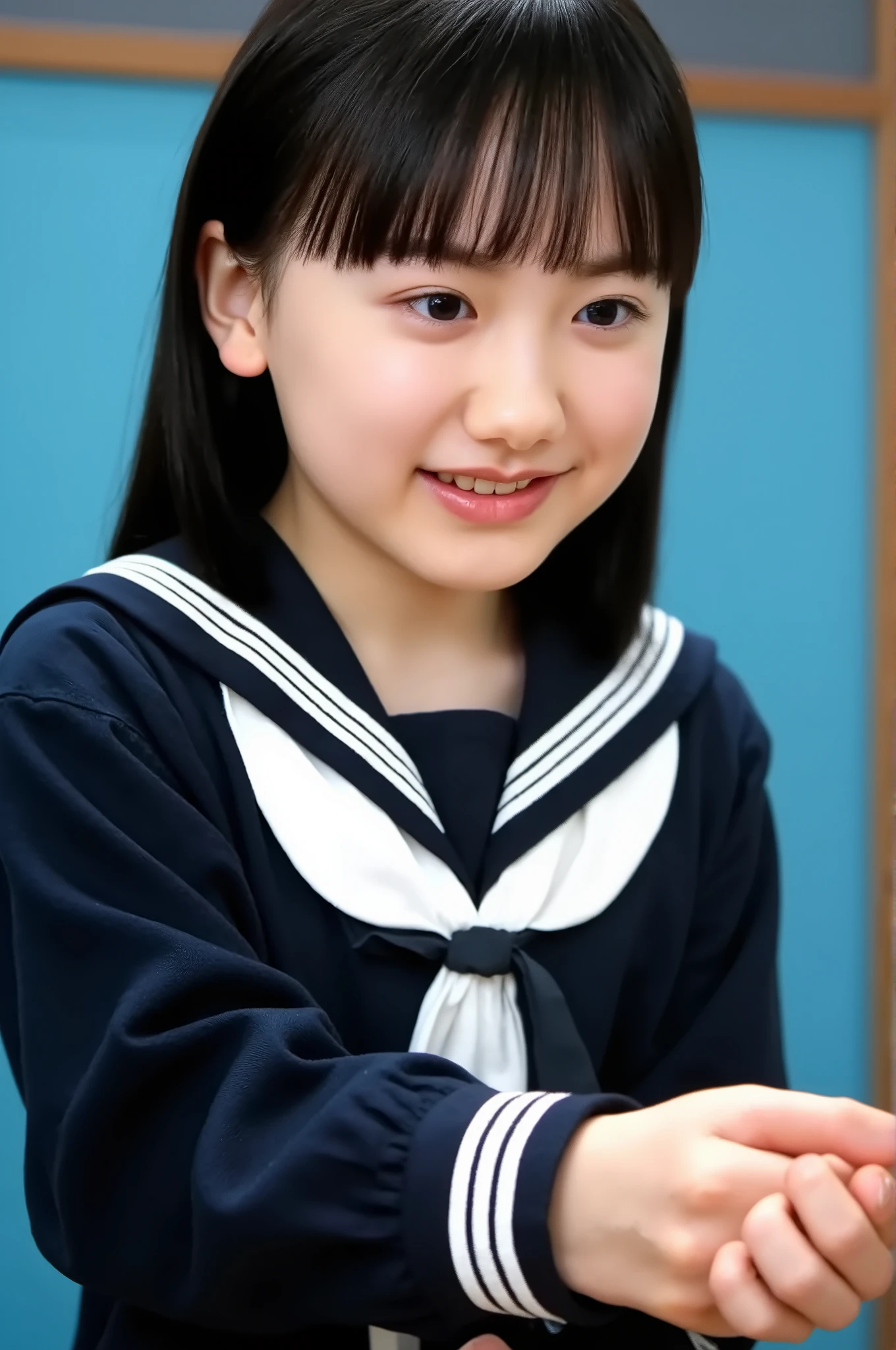 smiliy, long hair, ((black hair:1.3)), Elementary school student, wearing sailor suit, dark blue, long sleeve, upper body, small eyes, make up, ((looking away:1.3))