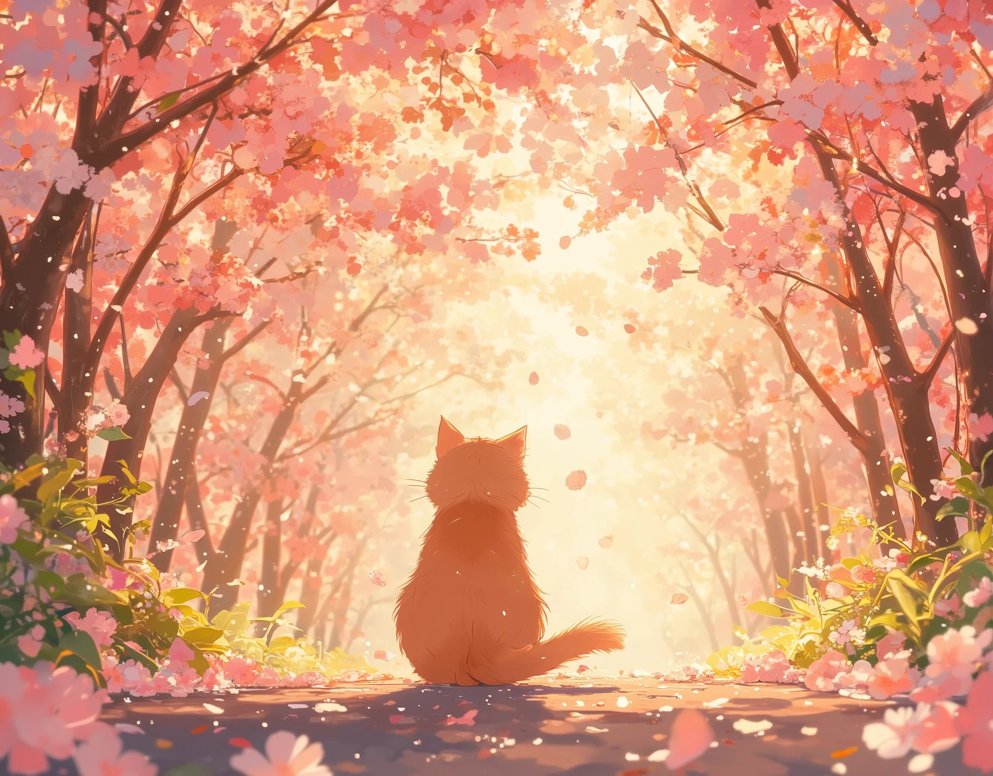 Running through the cherry blossom tunnel anime-style illustration,Soft golden sunlight shines through pink petals and cast a warm glow on the road,A gentle breeze blows and countless cherry blossom blizzards dance fantastically,Cute Cat,back view,Strolling through the cherry blossom tunnel,background is slightly blurred,Cinematic and nostalgic,captures a moment of spring full of energy