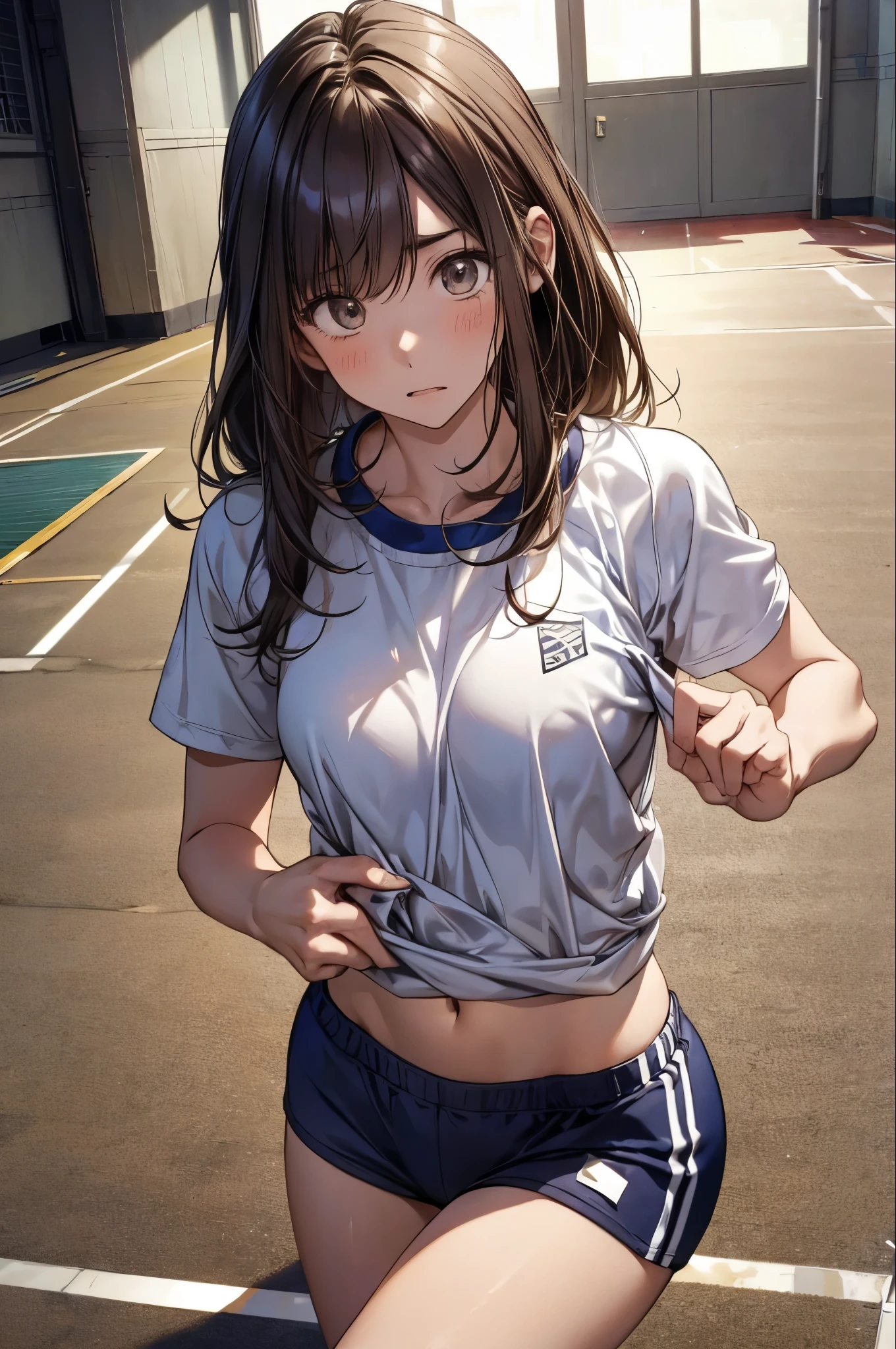 (gym uniform:1.3), green bloomer, solo,
(from front:1.1), small breast,
Marin Kitagawa,, blonde hair, (brown eyes:1.7), long hair,
at park,
