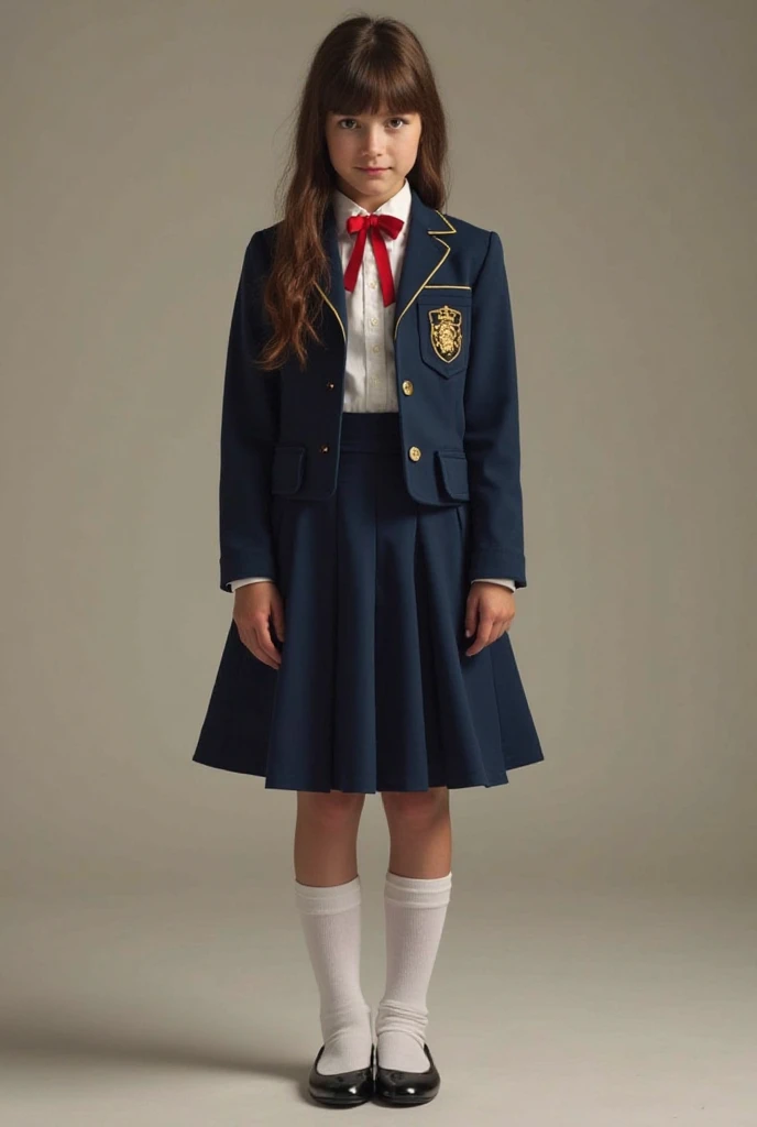 Background of the French school, ultra realistic, 8k, Good quality, a 12 year old girl, redhead girl, She has big red hair tied in a red bow.., He has freckles only on his cheeks, a very thin pointed nose, (slightly slanted almond eyes), He has thin black eyebrows, (very thin body), thin face, Wear a formal white shirt with a short collar., (On top is a short light green sleeveless jacket.), (with various emblems), (has a long, up to the knee, light green long skirt), tied with a brown belt), black leather shoes and white socks, (whole body), full HD