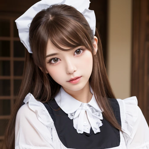 High-resolution portrait photography、A young woman wearing a maid's uniform is placed in the center.、In the background there is a rustic wooden wall。The woman has a soft and innocent expression.、Looking directly into the camera。She is wearing a black and white maid outfit with puff sleeves and lace details.、She is wearing a black choker with a small pendant。Her hair is platinum blonde、Styled in twin tails tied with black ribbons。The lighting is bright、Casting a soft shadow、It highlights her delicate features and the texture of the dress.。The woman is kneeling, leaning forward slightly.、Emphasizing her careful and humble attitude、Creating a warm and inviting atmosphere。