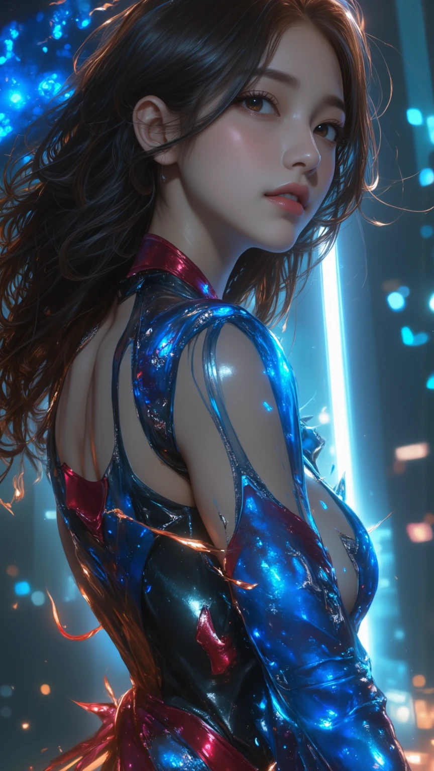 Ultra-Realistic Capture,18k,RAW Photos,Highest quality,masterpiece,reality,Very detailed,live-action,Very beautiful woman,Detailed face,Glowing Skin,Rainbow, Blue eyes, Automata,cyber punk,18-year-old ,Model body type,slim,So many LEDs,Clothes made of light particles,Rainbow Skin,Electronic devices embedded in the body,Very detailed electronic equipment, butterfly wings on her back,A bunch of glowing wires, Short hair girl, purple style,Large Breasts,Acrobatic poses,(Middle finger),neon,Long legs, purple hair, short hair girl