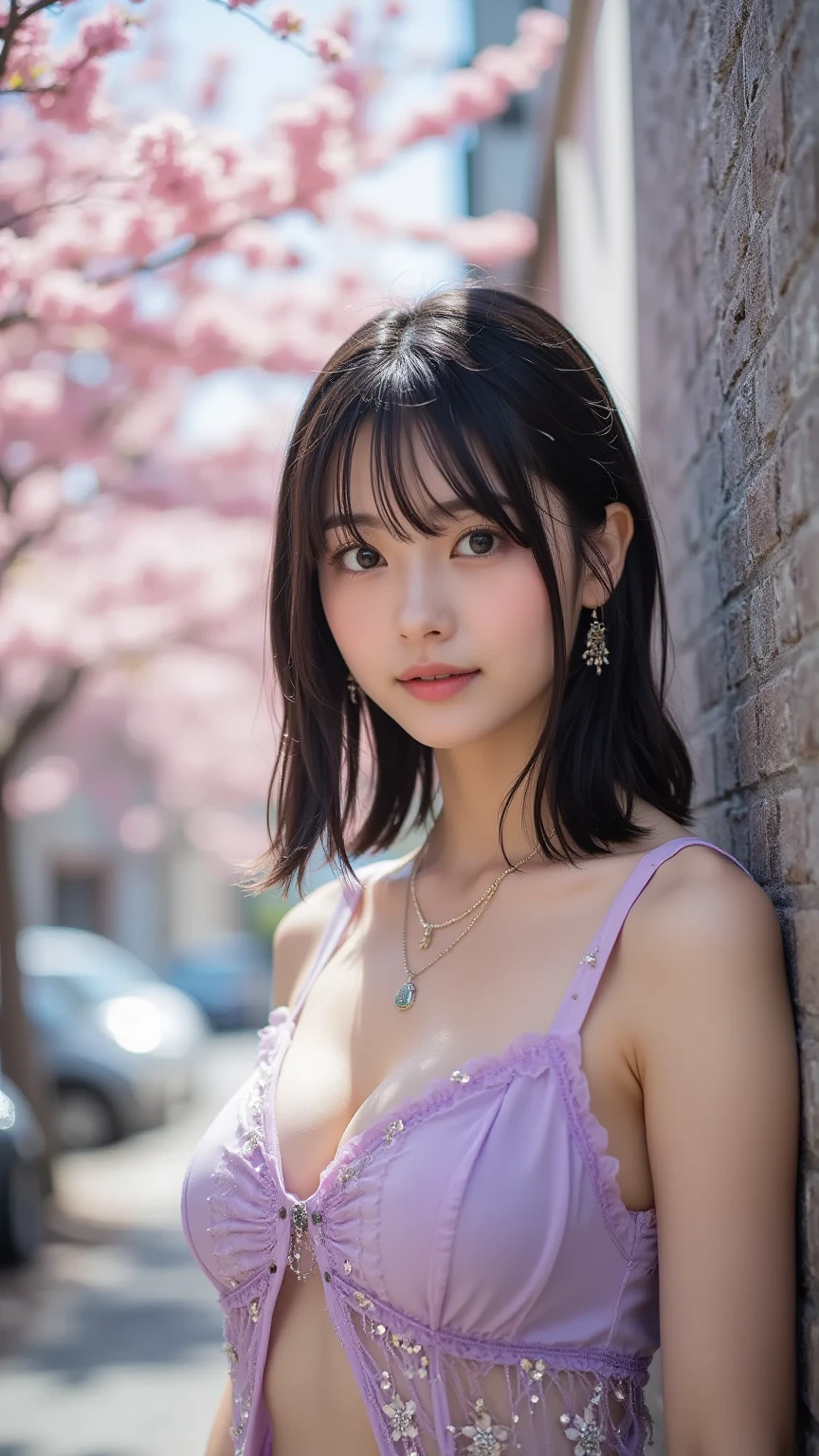 (1 woman:1.1)、Beautiful Japan adult woman、((best qualtiy, 8K, tmasterpiece:1.3))、((realisitic:1.5))、((sense of reality:1.5))、Perfect litthing、Perfect figure beautiful woman:1.4、((Layered Hair Style、ample breasts:1.2))、(Deep violet long shirt:1.2)、(Street:1.2)、Highly detailed facial and skin texture、glowy skin、A detailed eye、二重まぶた、(The front of the shirt is open:1.1)、(breast cleavage exposed:1.1)、(small areolas:1.3)、(Small beautiful nipples:1.3)、see the beholder、Upshot、