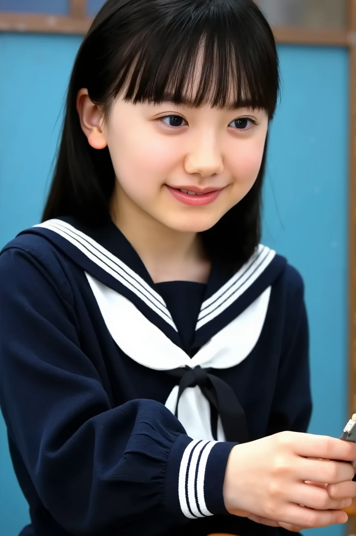 smiliy, long hair, ((black hair:1.3)), Elementary school student, wearing sailor suit, dark blue, long sleeve, upper body, small eyes, make up, ((looking away:1.3))