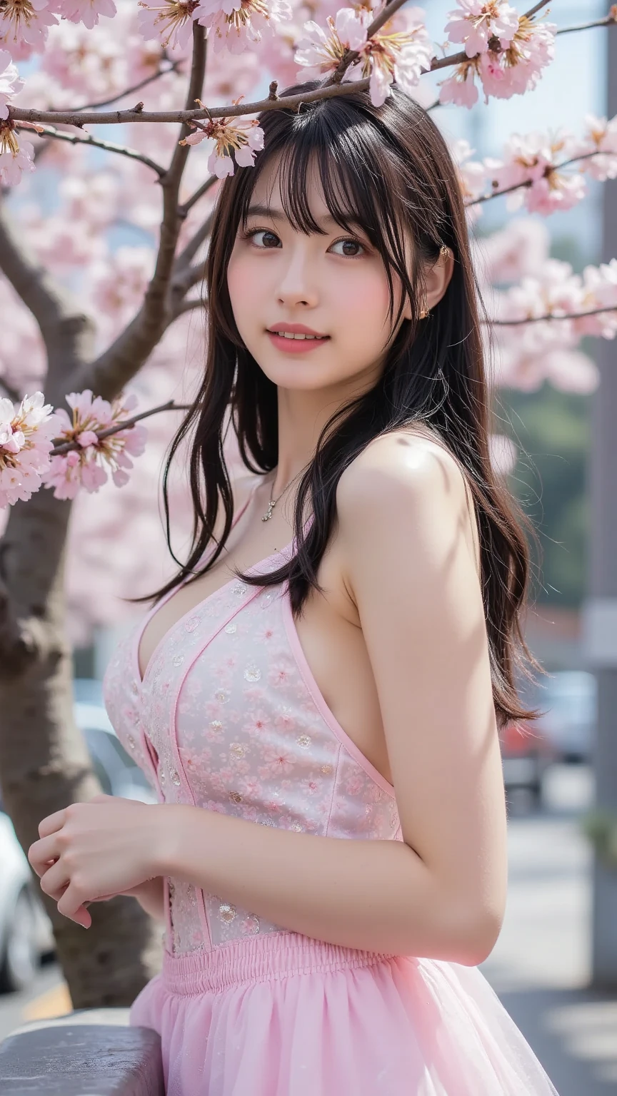 (logo、masterpiece、8k、Tabletop、RAW Photos、wonderful、最high quality、Photorealistic and Very detailed CG integrated 8k wallpaper、high quality、Very detailed、narrative poem、Particle Effects、Dynamic Effects、Depth of written boundary、Cinematic Light、Lens flare、Ray Tracing)、Fantasy、 (1 beauty、dress、dress、Cherry blossom pattern、Black-haired、Beautiful Face、True Face、Beautiful details、eye、Beautiful Skin)、my hair dances in Wind、Hair flutters in Wind、Hair bounces、Pink cherry blossom tree、Petals flutter、SakuraFubuki、wonderful景色、Morning Glow、Sun in the background、Wind、