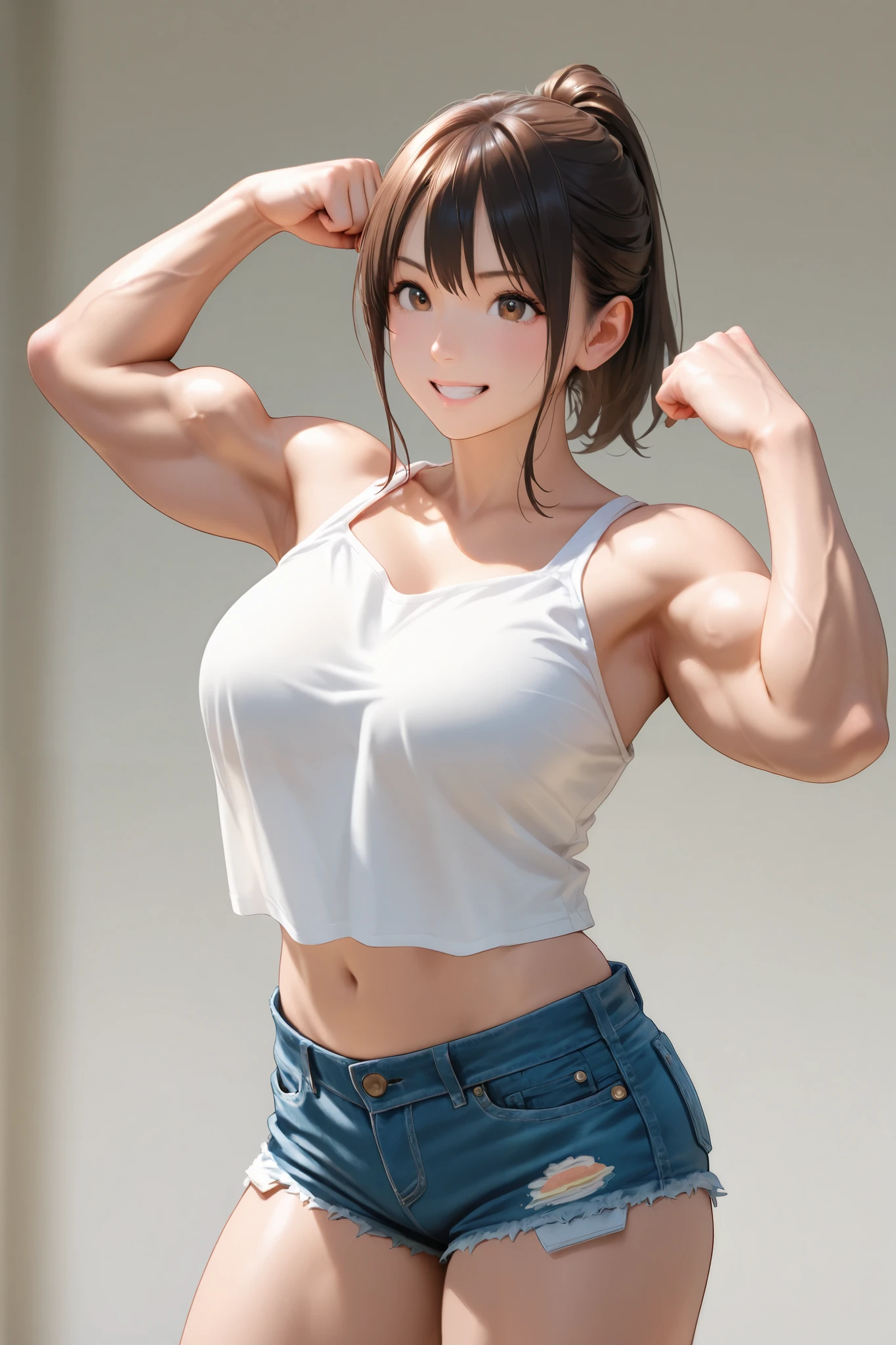 Muscular busty teen young Jenna Ortega smiling, huge strong biceps, tonned strong abs, huge round boobs, enormous firm tits, hyper muscular, bodybuilder muscles, bursting in strength, large hips, japanese school tie uniform clothes