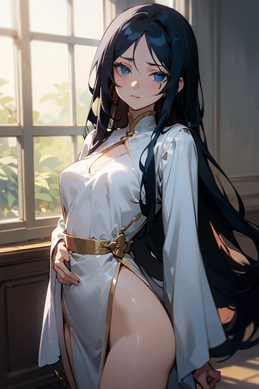 (masterpiece, sidelighting, finely detailed beautiful eyes: 1.2), masterpiece*portrait, realistic, 3d face, glowing eyes, shiny hair, loss skin, solo, embarrassed, (midriff), black hair, blue eyes, long hair, dress , front view, clear facial features, shining eyes