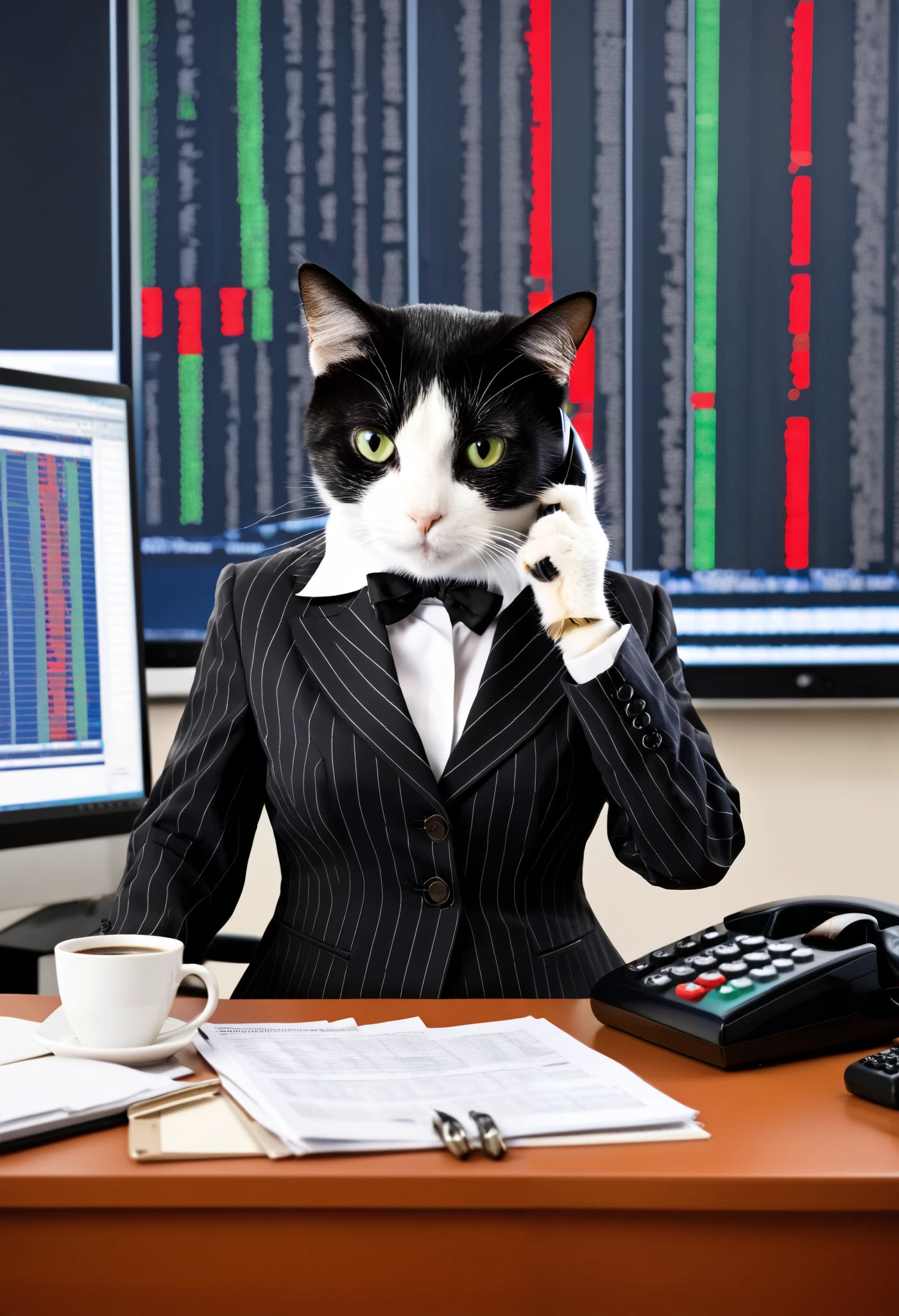 A cat working hard at a securities firm, anthropomorphized, female cat, wearing a business suit, making a phone call to buy and sell stocks, with a stock price board behind her