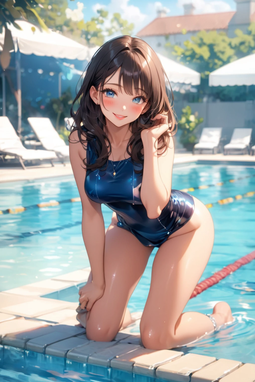 very cute and beautiful girl,(highly detailed beautiful face),blue school swimsuit,
sitting,spread legs,looking at viewer,pool side,flowers in planters,(smile),black hair,
(best quality,masterpiece:1.2),absurdres,highres,ultra-detailed,extremely detailed,32k,
cinematic scene,detailed background,solo,dynamic angle,
hair fluttering in the wind,beautiful detailed sky,perfect hands,