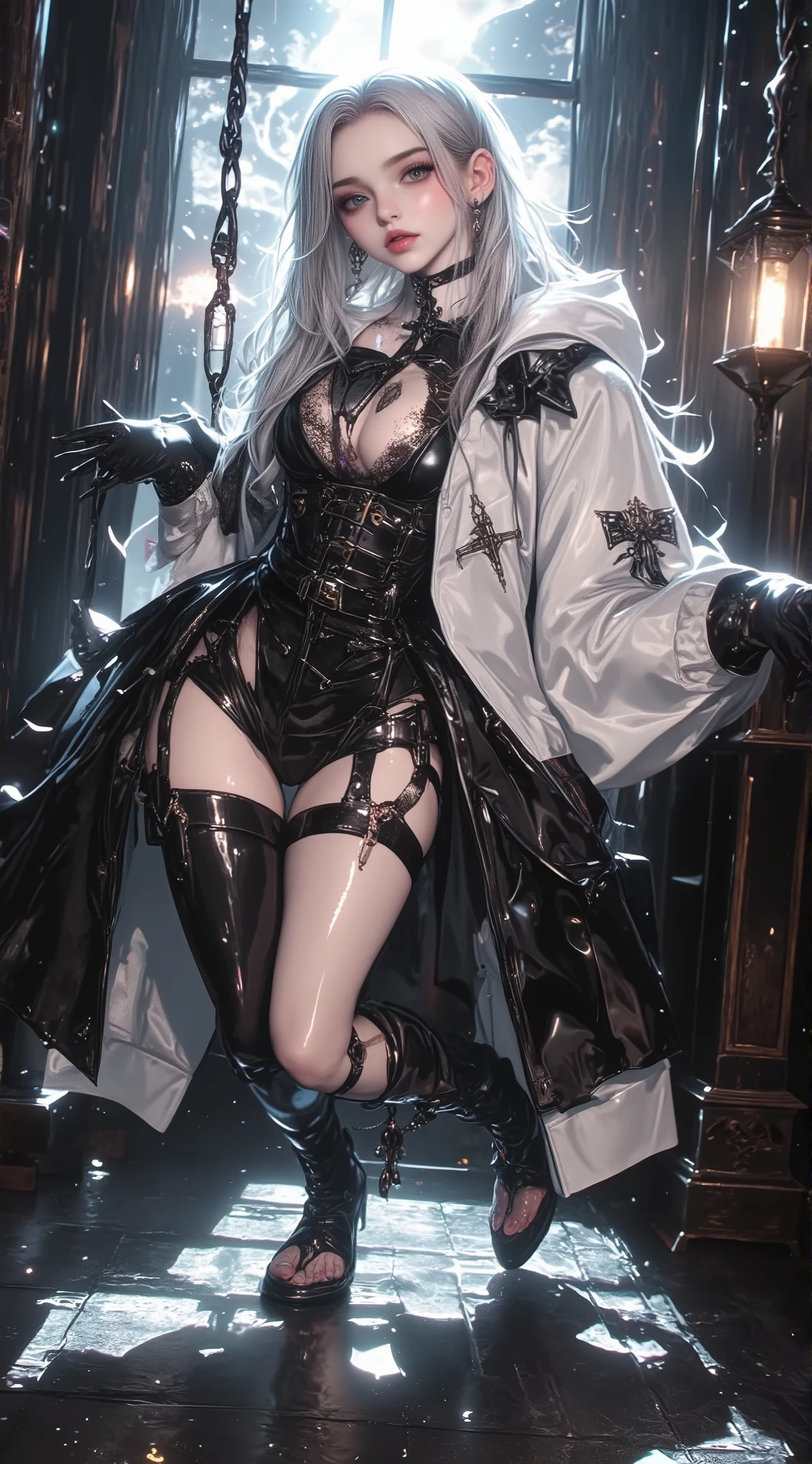 ((Best quality, 8K, Masterpiece: 1.3, 1girl, Beautiful girl)), cute, Dynamism, Detailed face, Detailed skin, detailed clothes, Detailed eyes, Detailed lips, Detailed tongue, Detailed fingers, Detailed mouth, Photorealistic, Raw photo, highres, Natural lighting, dynamic pose, perfect anatomy, toned legs, double eyelids, tear bags, round eyes, moist lips, sweaty, (she is wearing only white dress with white buttons), hair between eyes, white hair, long hair, bare legs, half closed eyes, steam:1.5, sheer, wet clothes, sheer wet, ecstatic face, shape of nipples, tongue out, drooling, outdoor, night, rainy wet, sheer wet, rain, glasses, skirt lift, large breasts:1.3, energy, walking, (steampunk, cyberpunk, weapon, guns), unbuttons, cleavage:0.5, thong panties