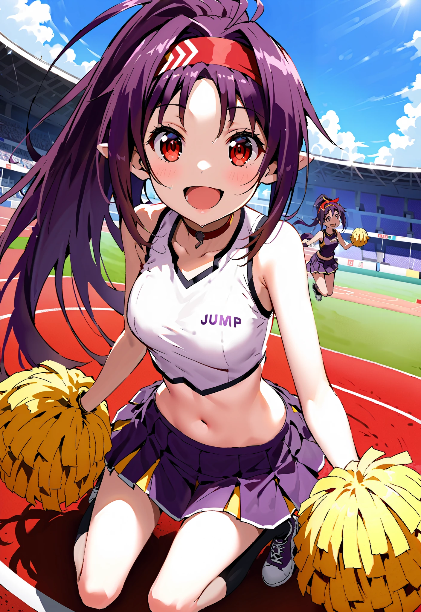 score_9, score_8_up, score_7_up, source_anime,
yuukikonno, yuuki konno, red headband, long hair, pointed ears, purple hair, Red Eyes,ponytail,smile,cover,opens her mouth,(Cheerleading), (full body), on chest, (sweated), sweated Wet Clothes, ( purple clothes),sleeveless, pleated skirt,black socks,sneakers with a ladyback letter, stomach button support , playground, (jump), (jump), 両足を曲げてjumpする, blue sky, Compa, smile,cheerleader, Pom-pom \(Cheerleading\) real hair ornaments,full bodyがイラストに入るように,break outdoors,Stadium,
break looking at viewer,full body,
break (masterpiece:1.2),top quality , kampala,unity 8k 壁紙,(shape:0.8),( fine and beautiful eyes :1.6),It's a person ,full body写真,CG Details , (perfect hands,complete anatomy),