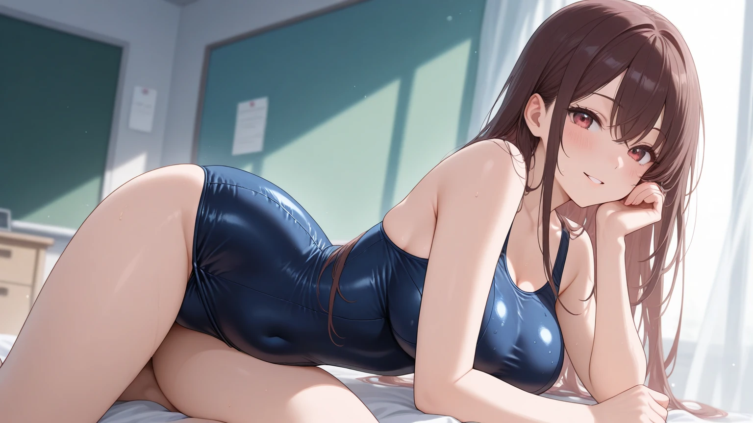 (8K, 超A high resolution, Best Quality, masutepiece:1.2),(18year old:1.2)、(Dishonest laughter)、(Look away)、8K、RAW portrait of japanese girl、Photorealsitic、超A high resolution、top-quality、 (huge-breasted, cleavage:1.2),(swimming race suit :1.3)、(From below:1.2)、sit a chair、Cross your arms、(Panchira:1.2)、(upscale cafe:1.4) BREAK (Natural Skin Texture、Detailed skin、Hyper-Realism、ultra sharpness)、intricate detailes、depth of fields、Dim lighting、Korean Idol、Nogizaka Idol、hposing Gravure Idol、actress、Fashion Model Pose、tall