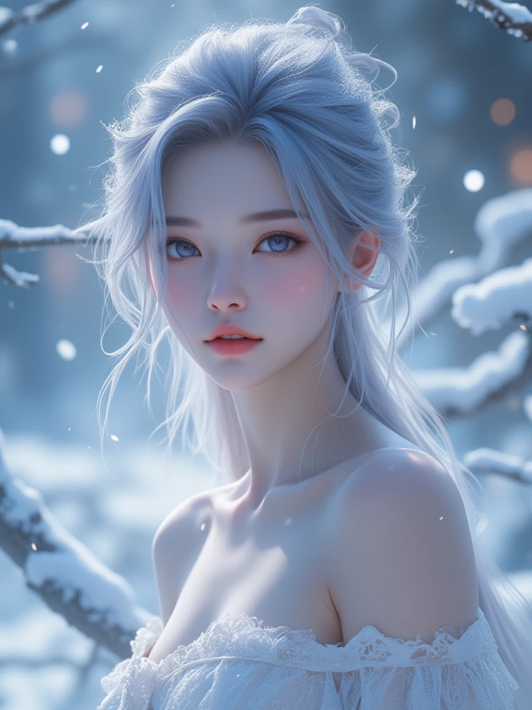 Long snow-white hair , snow-white eyes,nude,detailed hair, detailed eyes,detailed body, best quality, high resolution, 8k